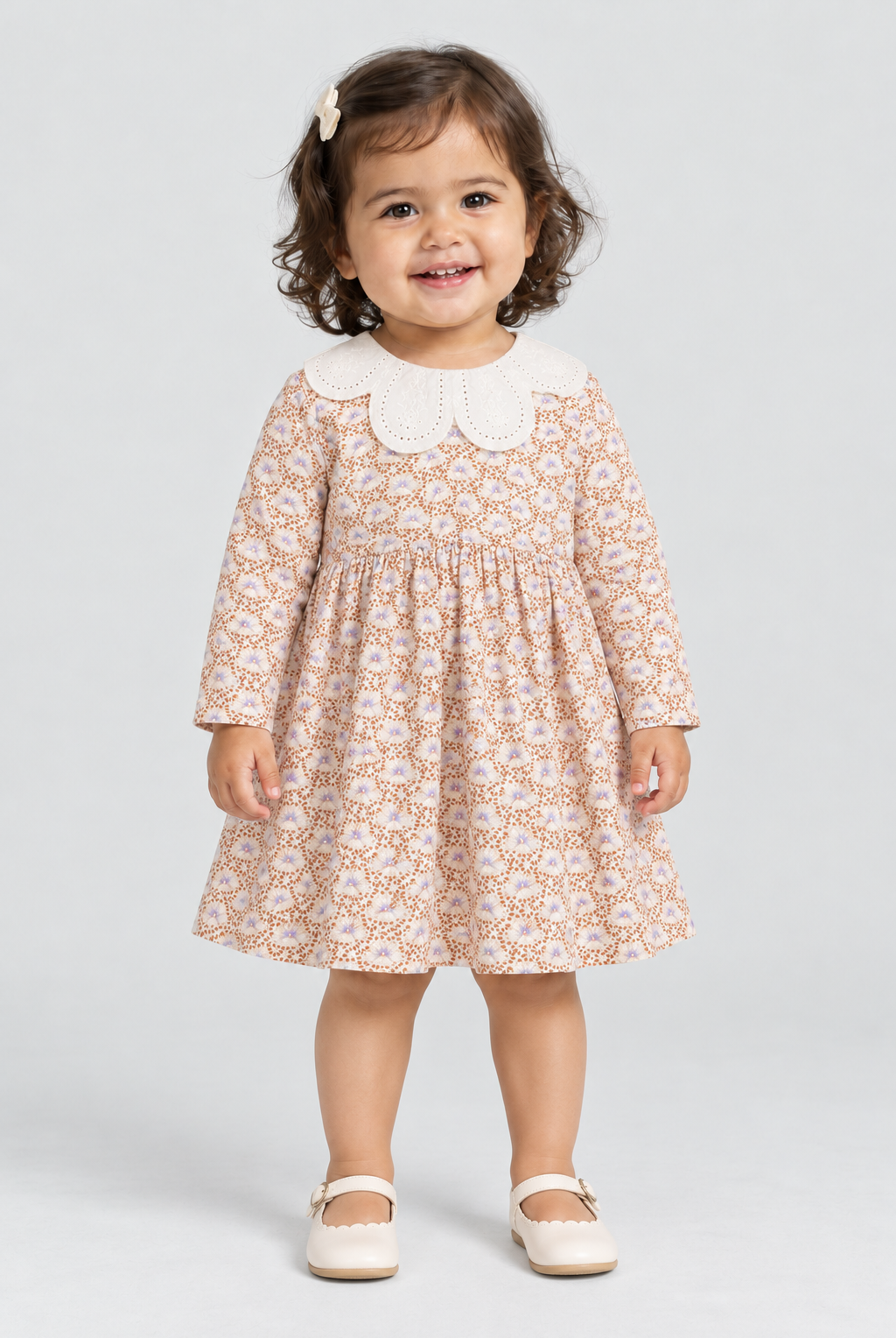 فستان بناتي رضع منقوش قصير كم طويل — front model view