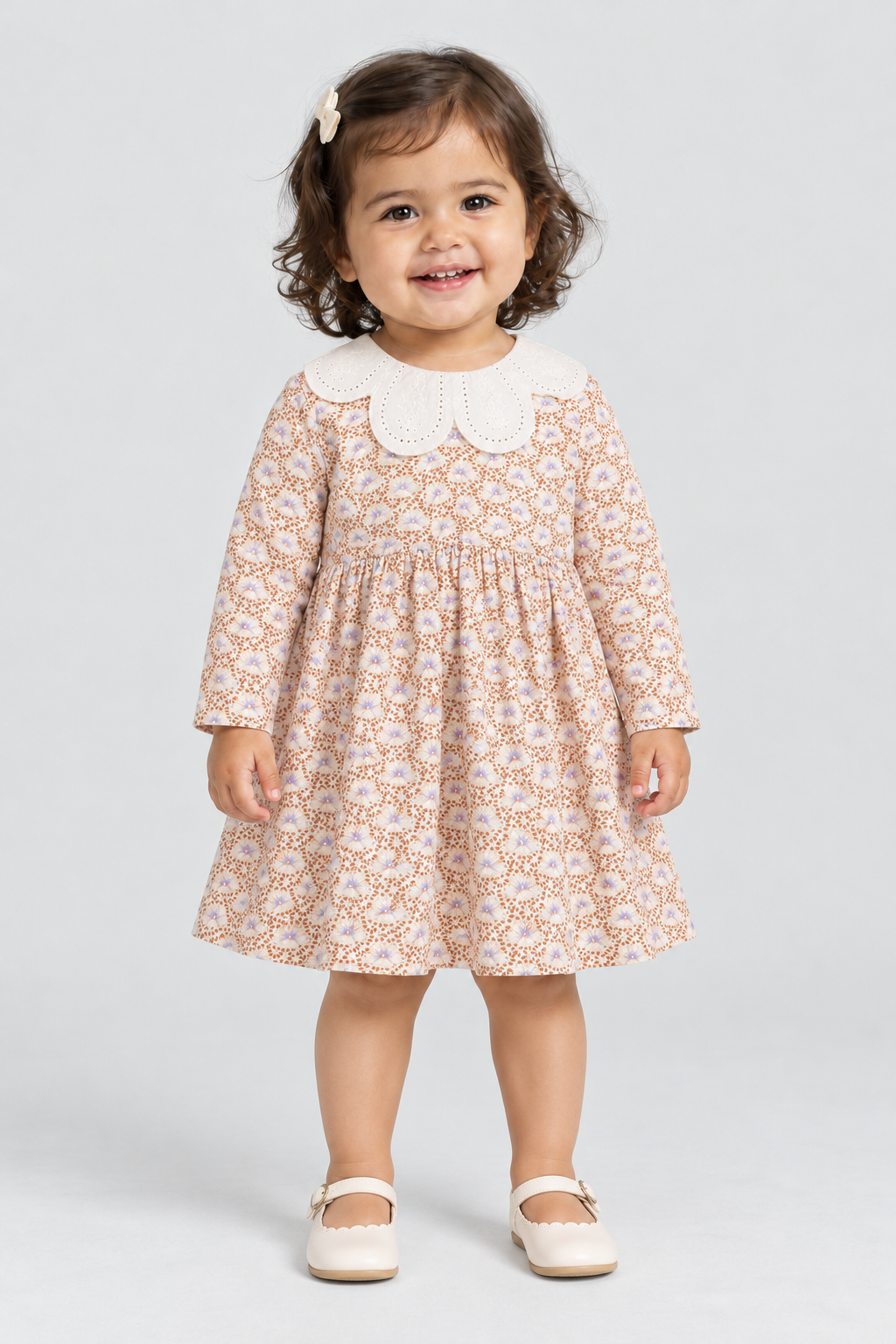 فستان بناتي رضع منقوش قصير كم طويل — front model view