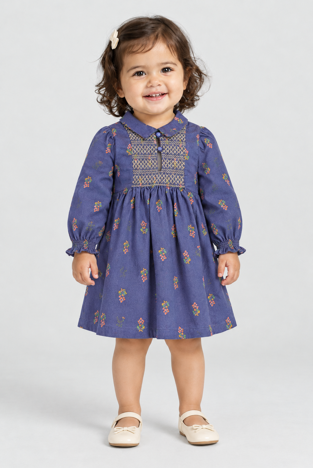 فستان بناتي رضع بازرار مع نقشة — front model view
