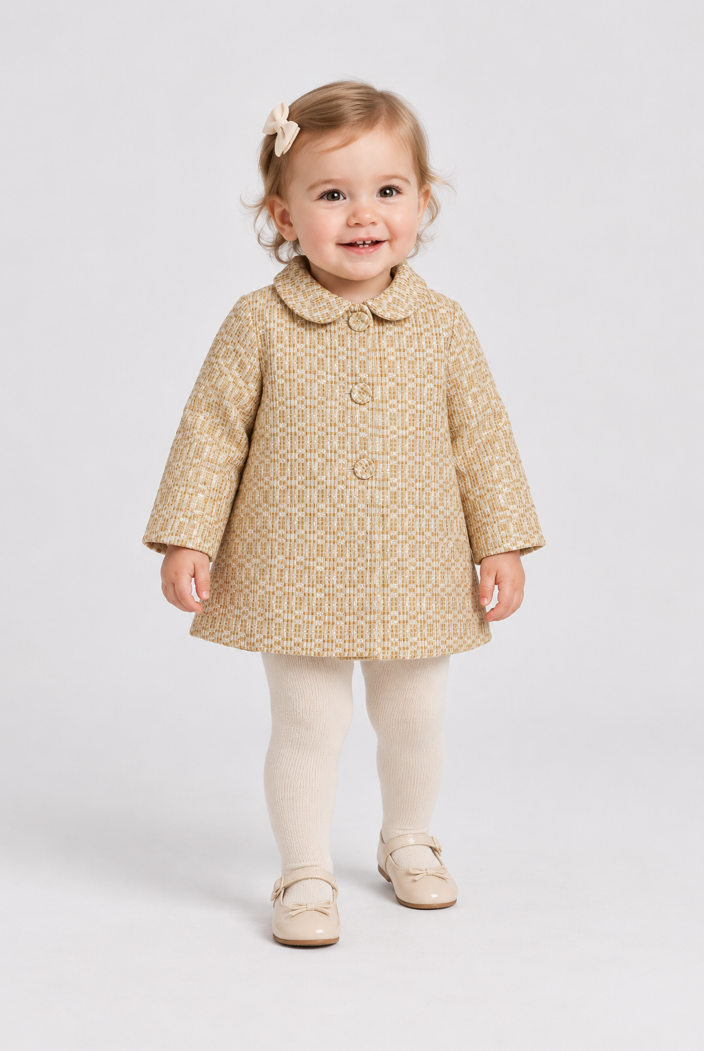 IGJK0037 gold textured baby coat, front model view