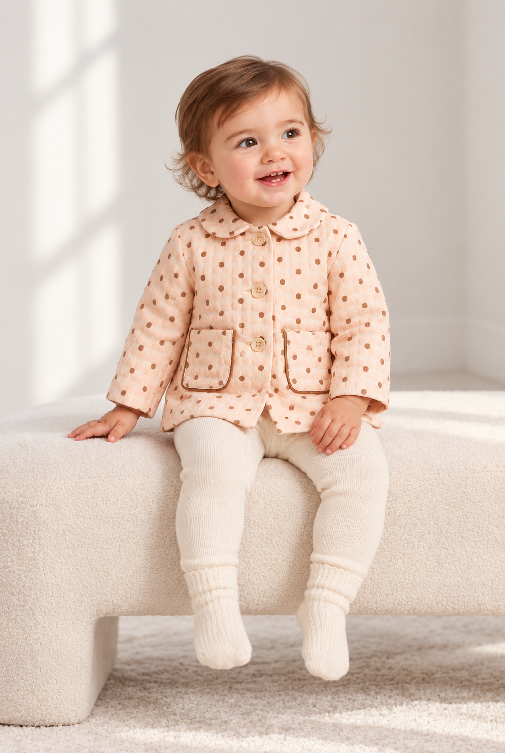 Lifestyle baby girl model view of Gingersnaps dotted jacket