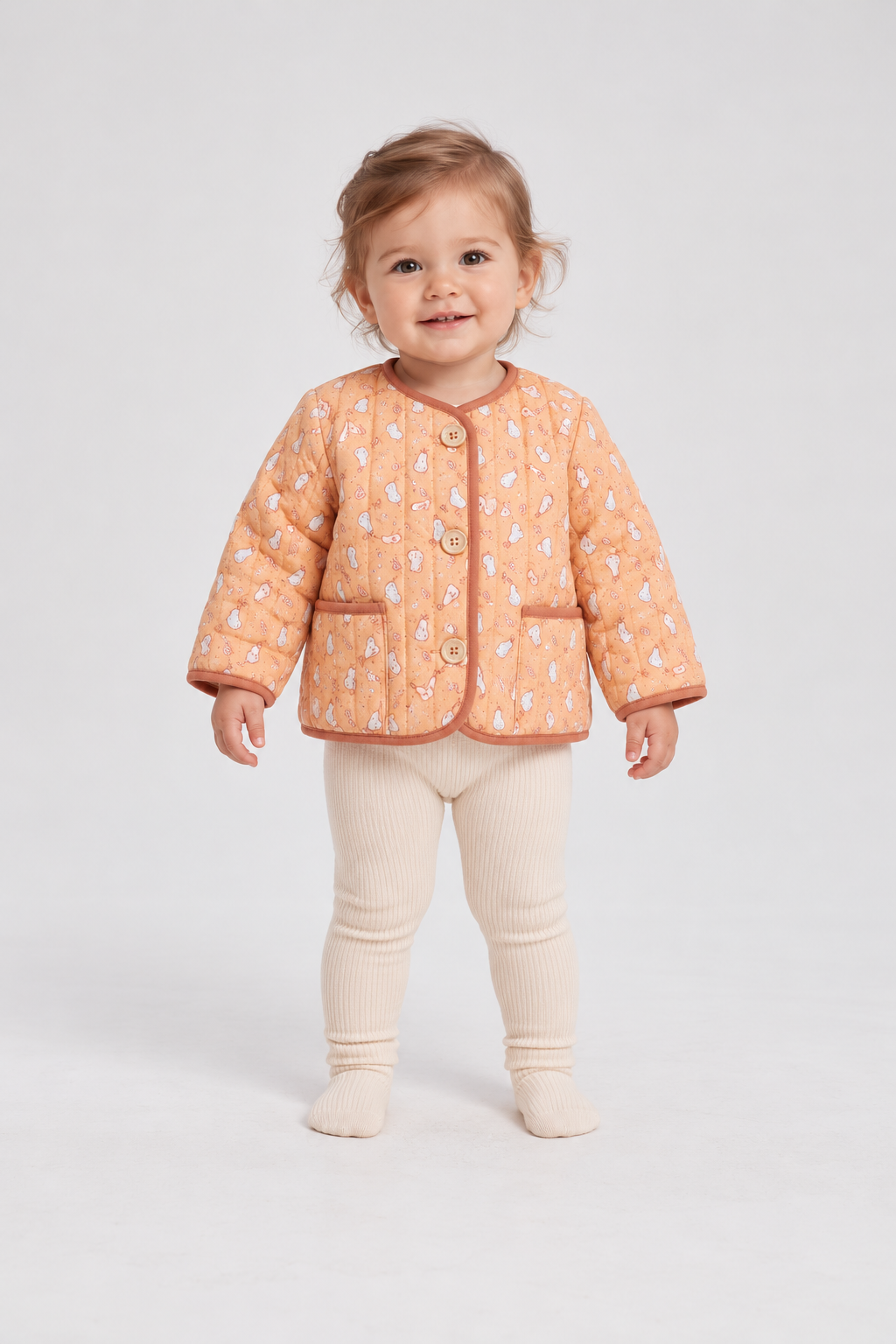 Front baby model view of Gingersnaps printed infant jacket