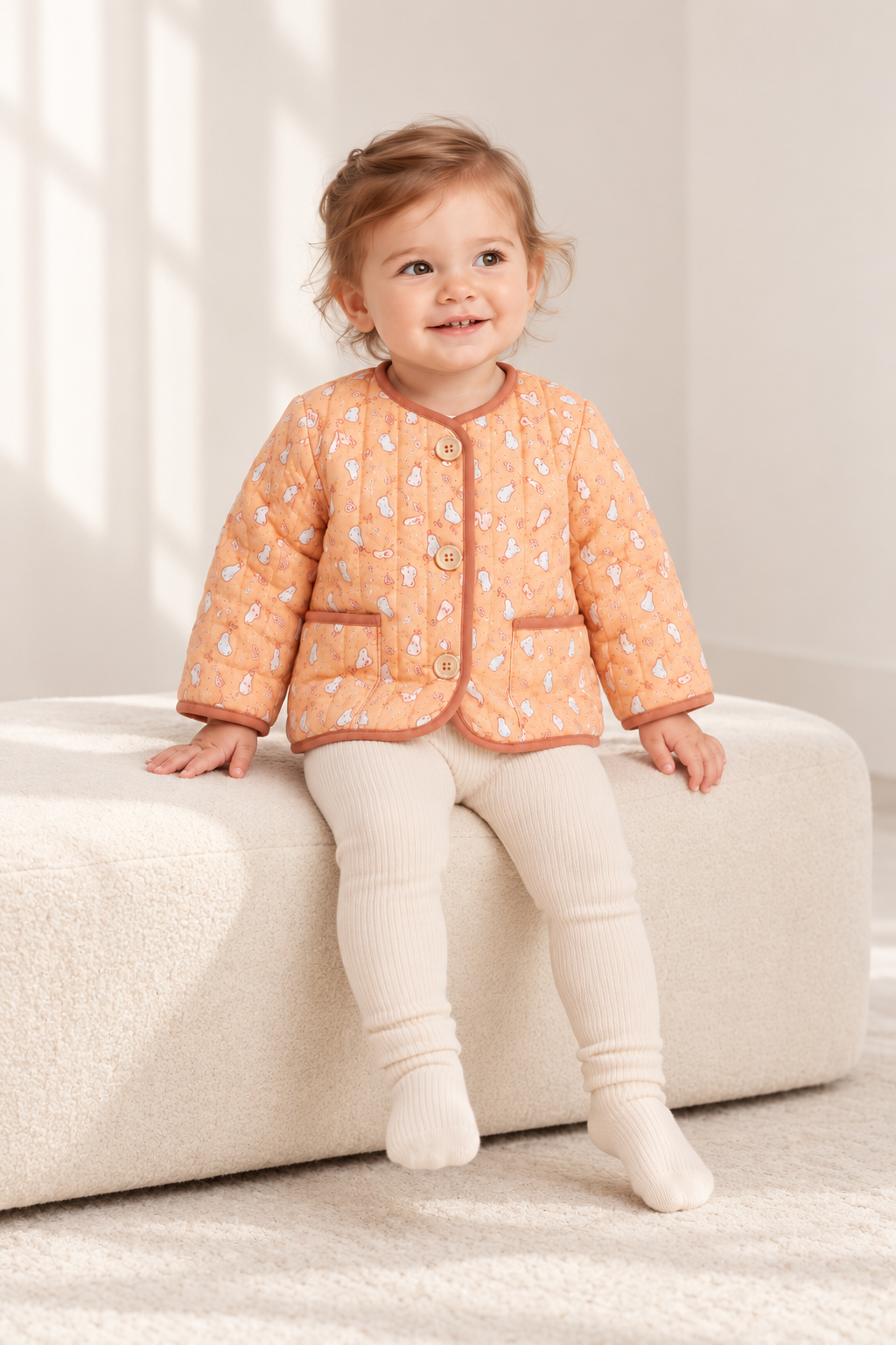 Lifestyle baby model view of Gingersnaps printed infant jacket