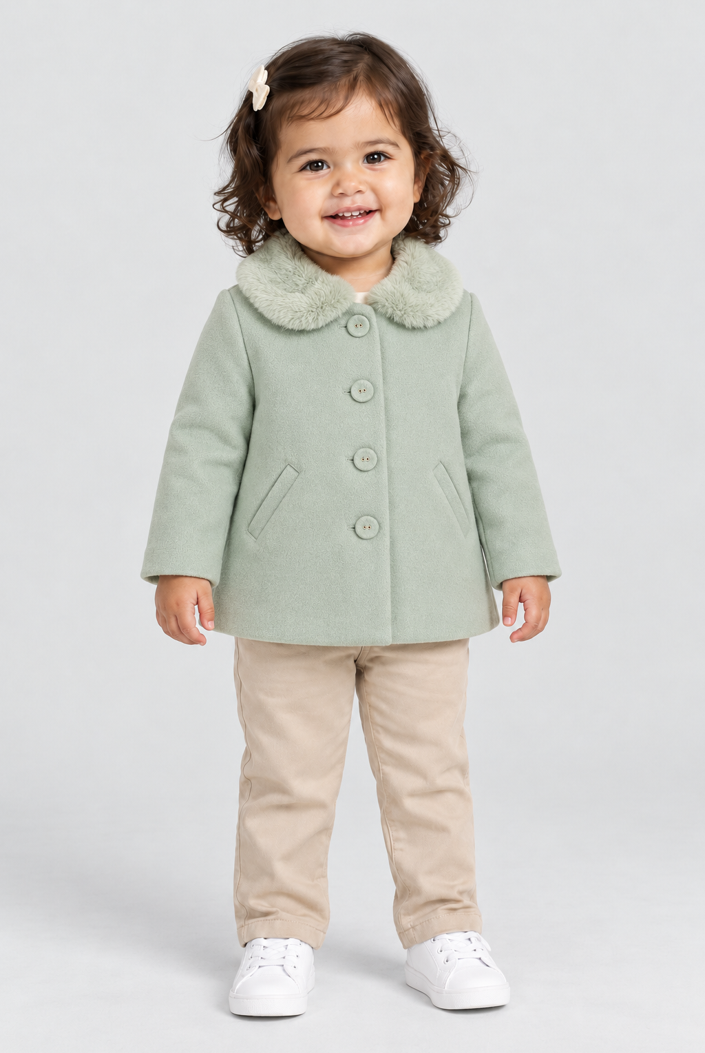 جاكت بناتي رضع بأزرار بياقة فرو, green, front model view