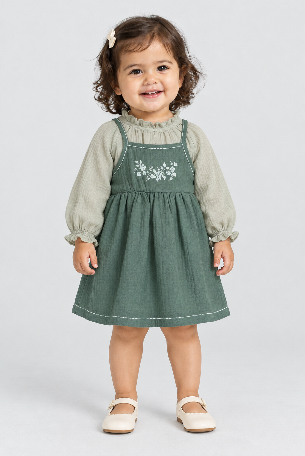 طقم فستان بناتي رضع حمالات وبلوزة كم — front model view