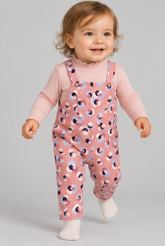 igkjsset0003 lifestyle view, infant girls printed overalls with pink top on toddler model