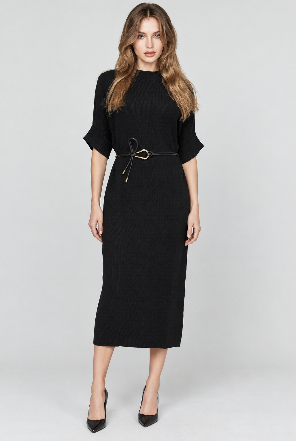 Full front view - black midi dress - Natalie