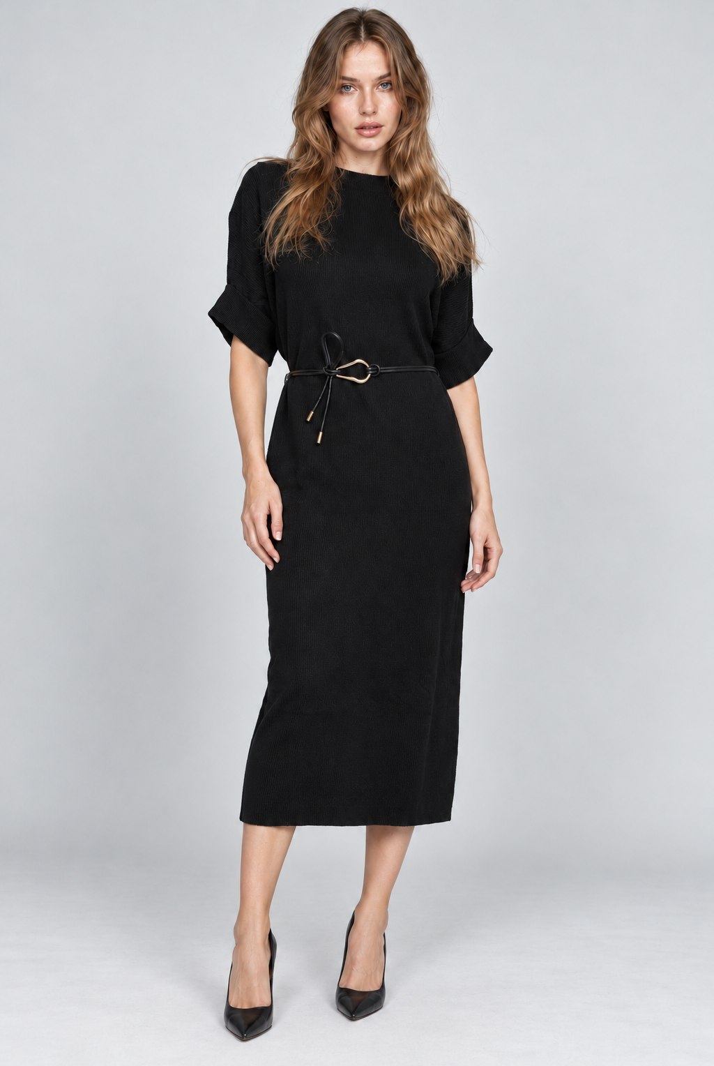 Garment-focused front view - black midi dress - Natalie