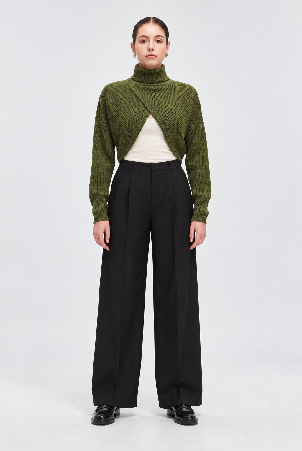 MA0178W254CDY green knit top on Uliana — full front