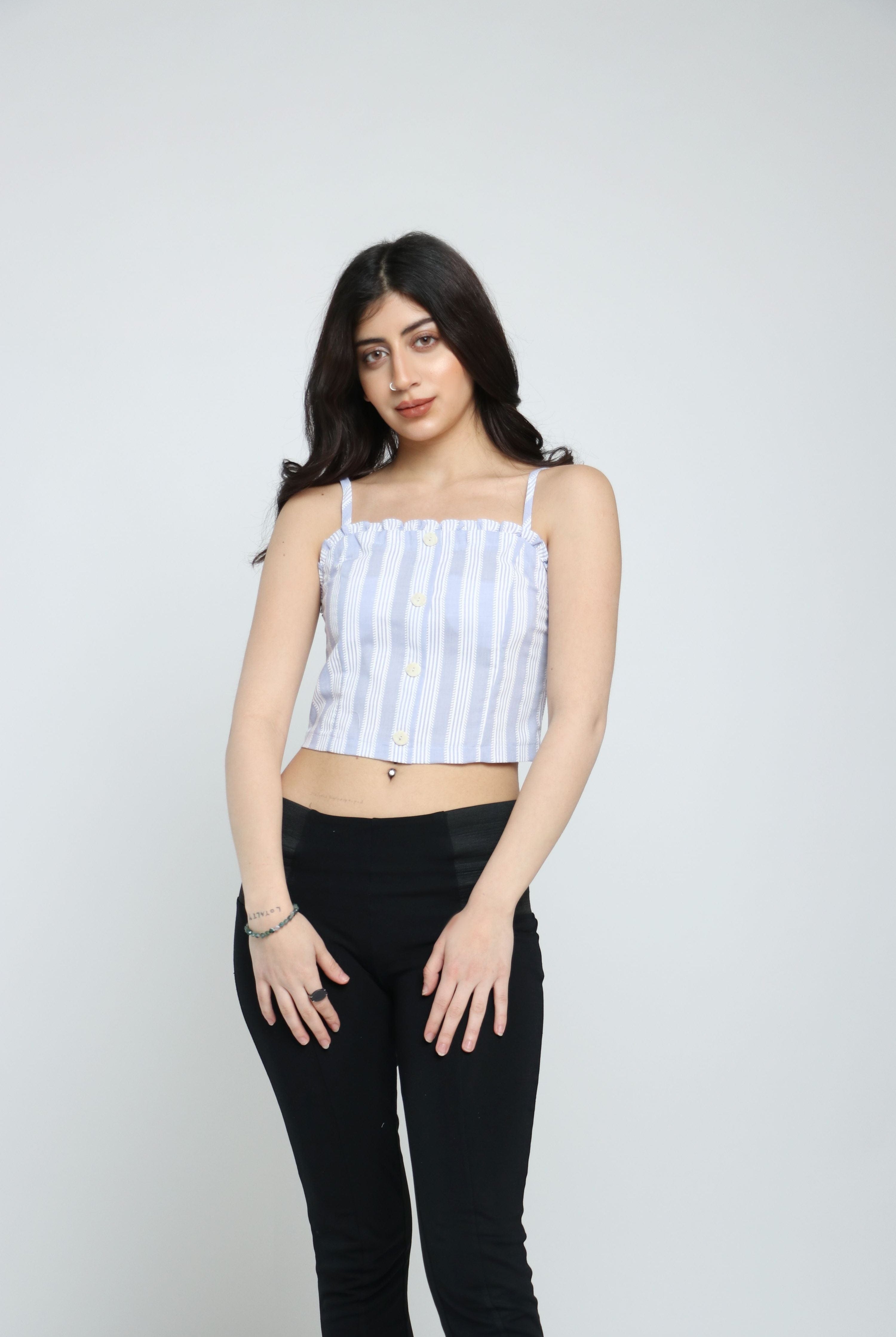 كيتشن بلوزة مخططة بأزرار أمامية بحمالات وياقة مربعة نسائي