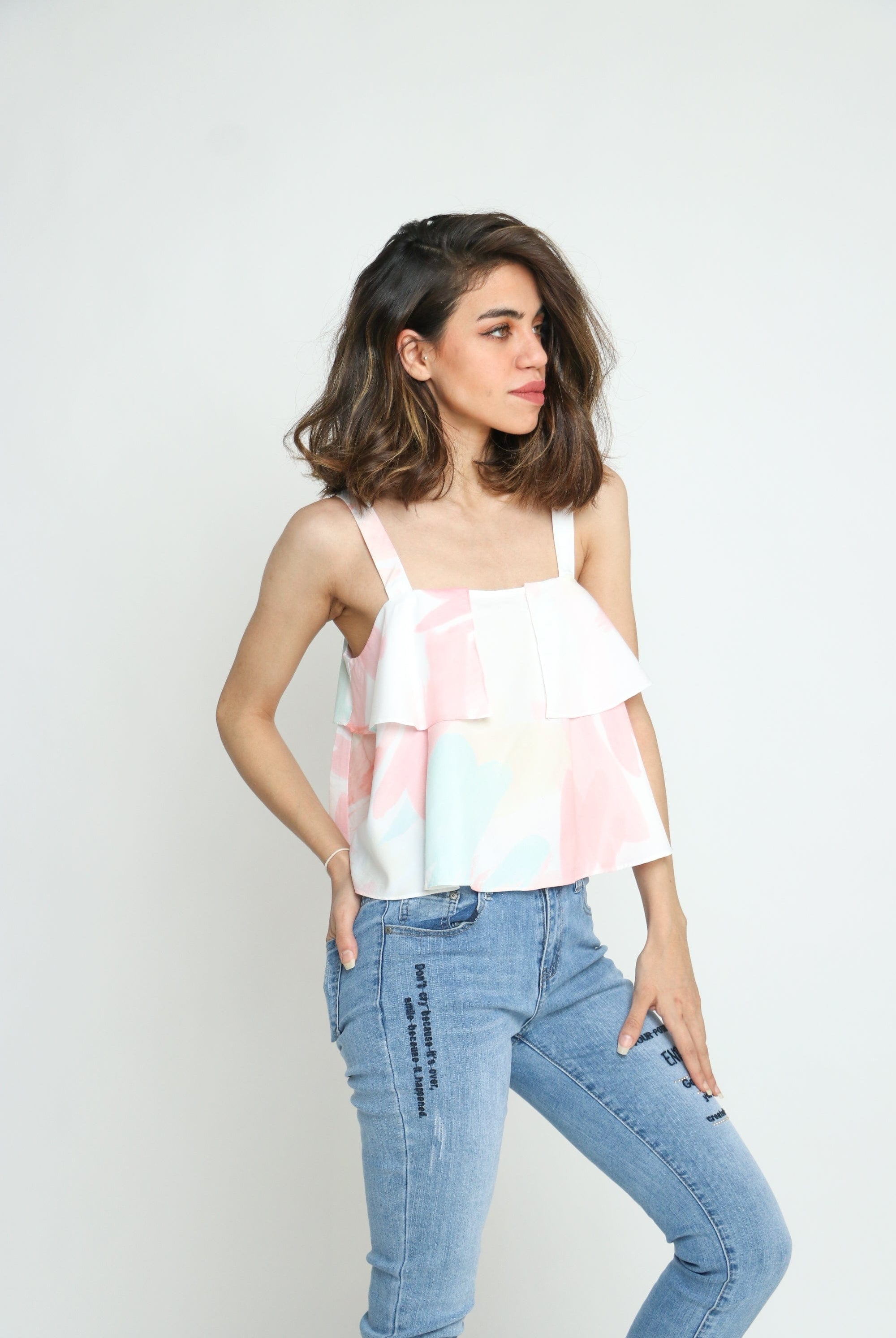 كيتشن توب بحمالات بوليستر متعدد الألوان وردي