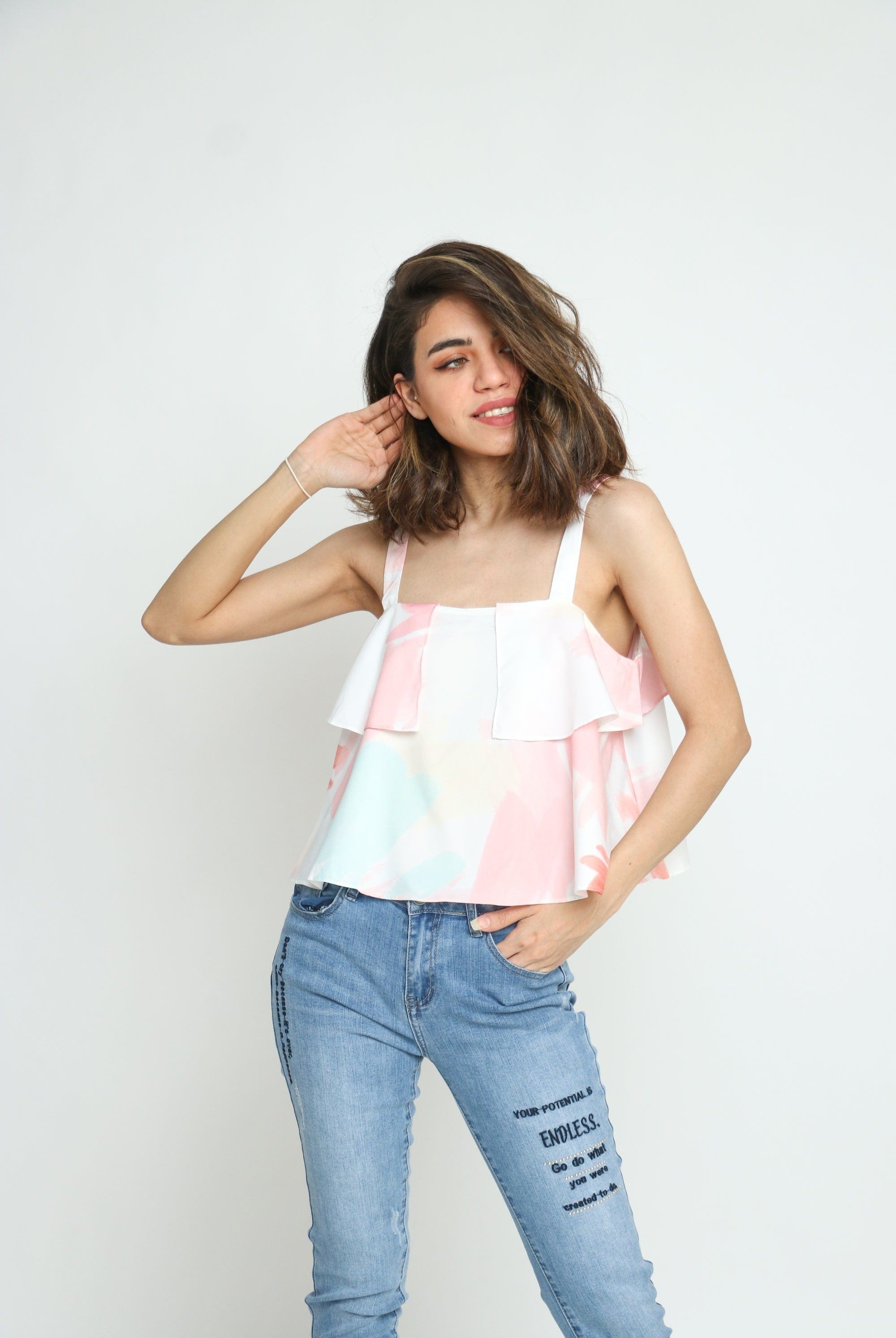 كيتشن توب بحمالات بوليستر متعدد الألوان وردي