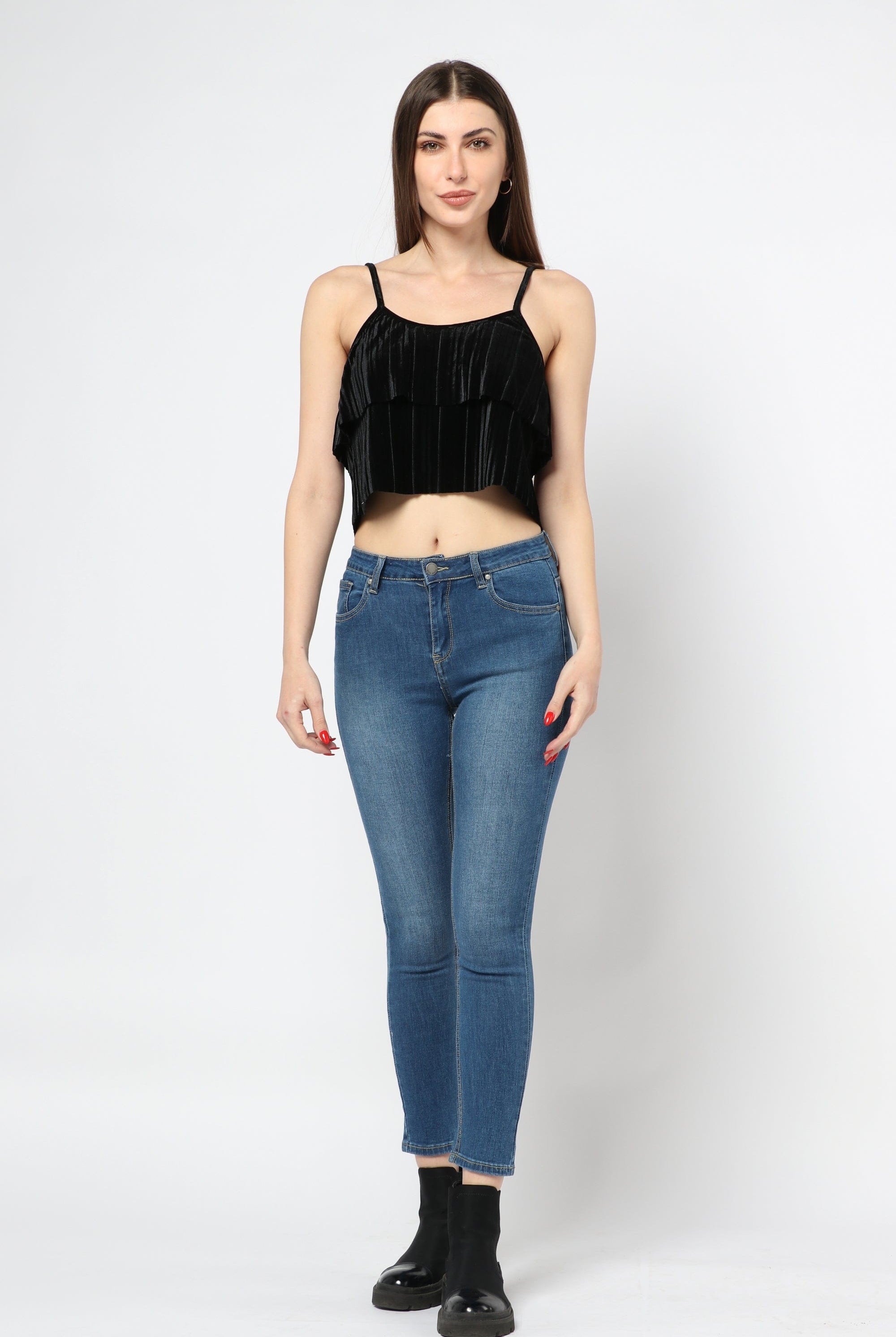 كيتشن بلوزة نص بطن سوداء حمالات نسائي أسود