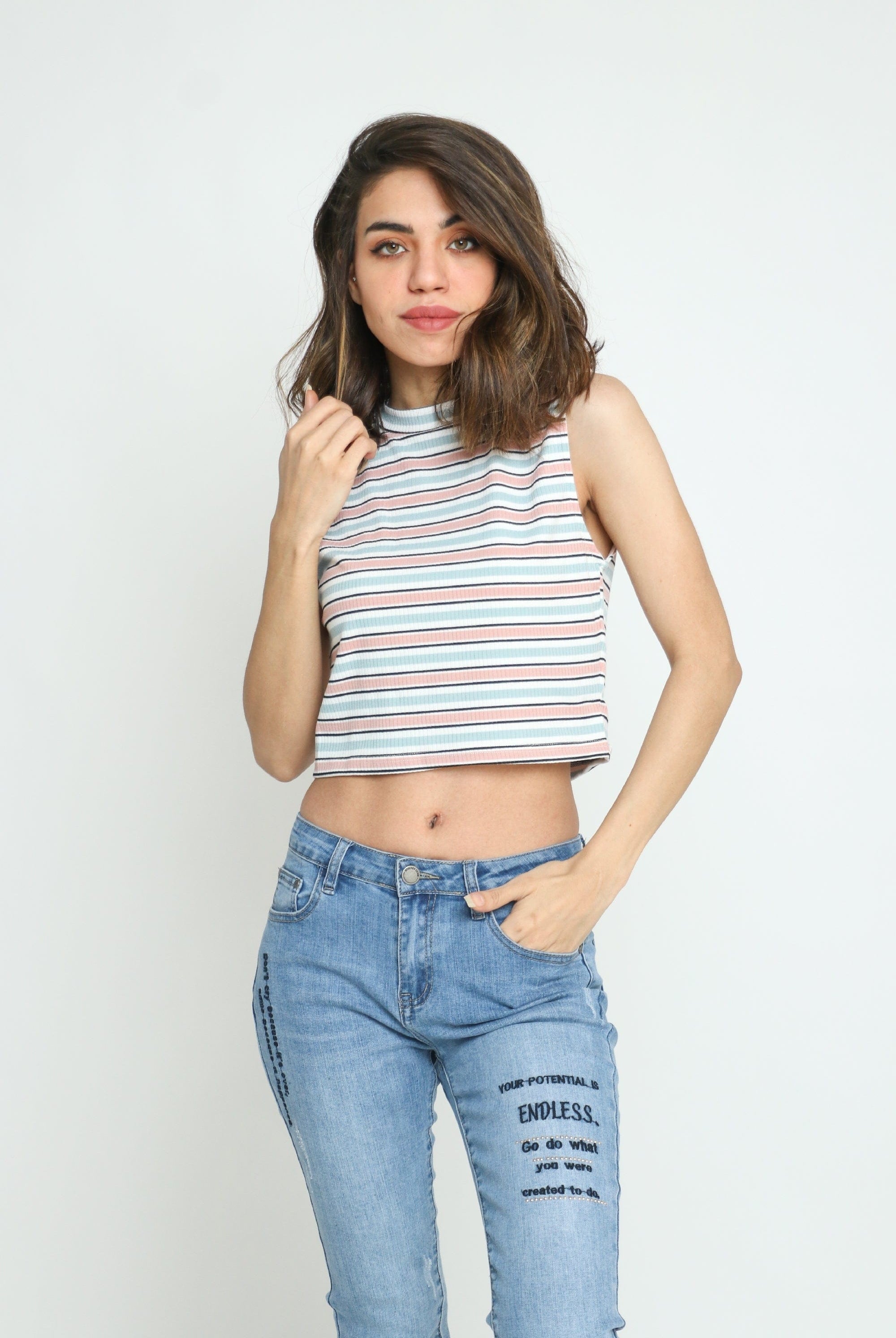 كيتشن بلوزة كت مخططة نص بطن نسائي