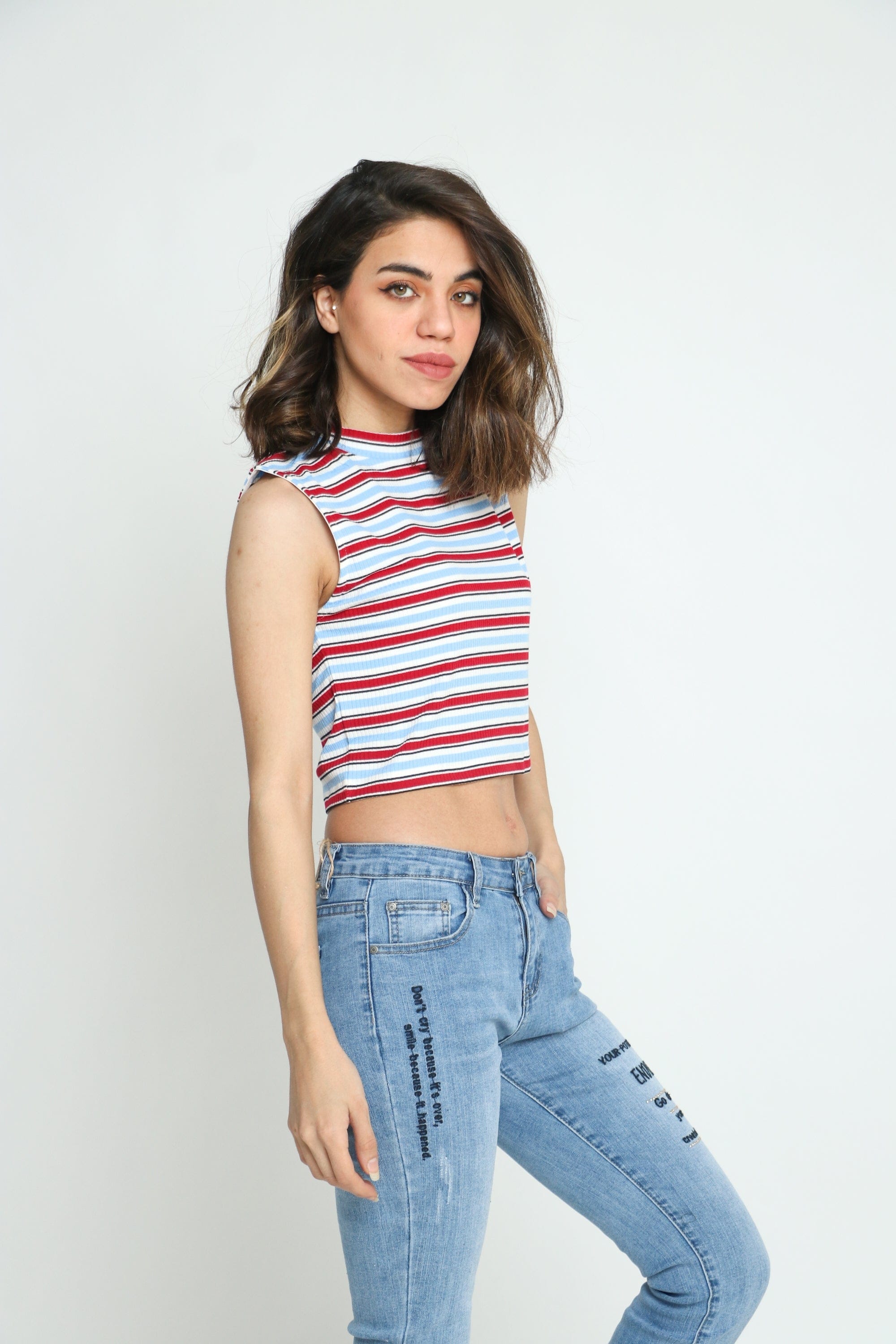 كيتشن بلوزة كت مخططة نص بطن نسائي