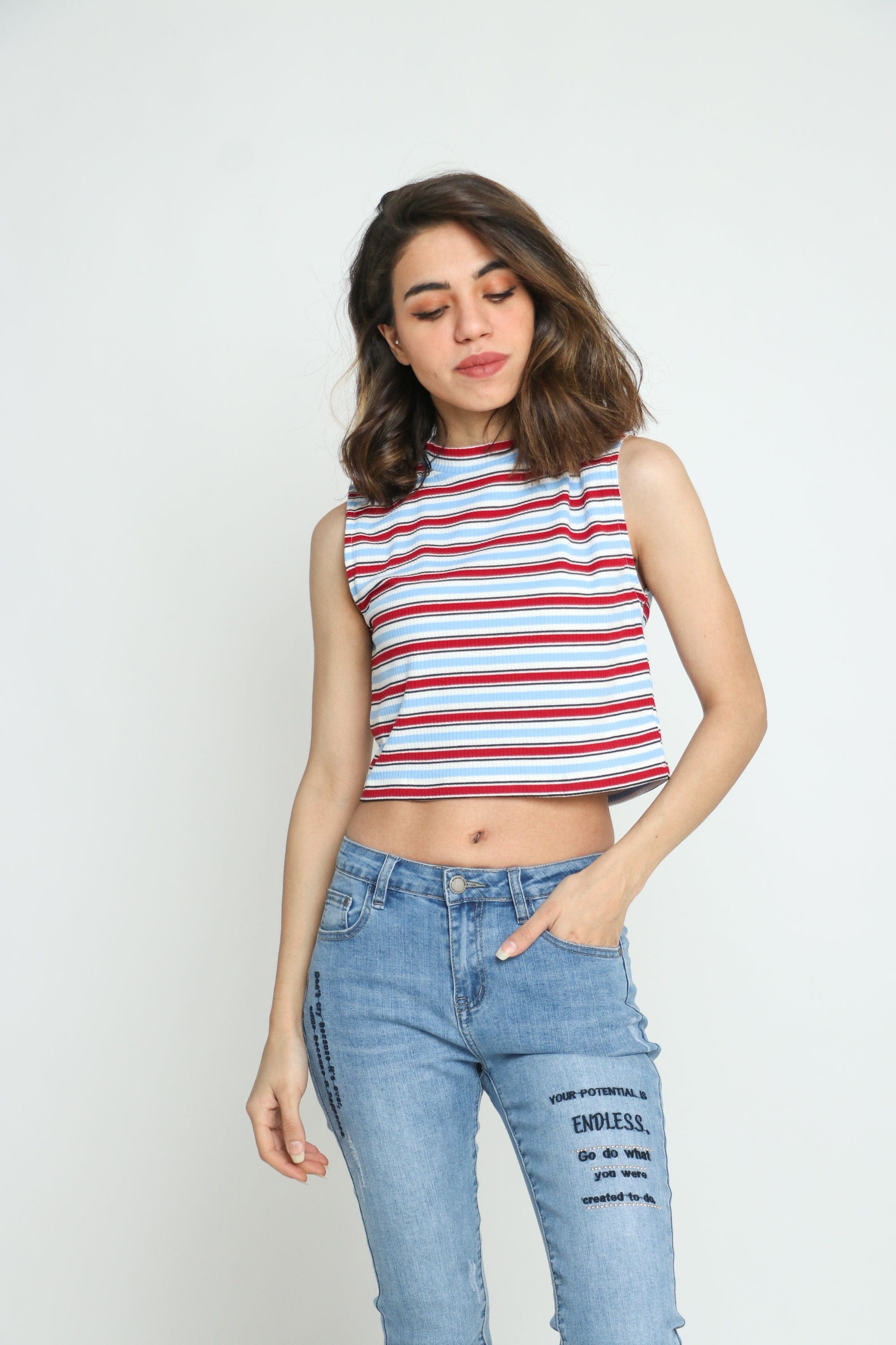 كيتشن بلوزة كت مخططة نص بطن نسائي