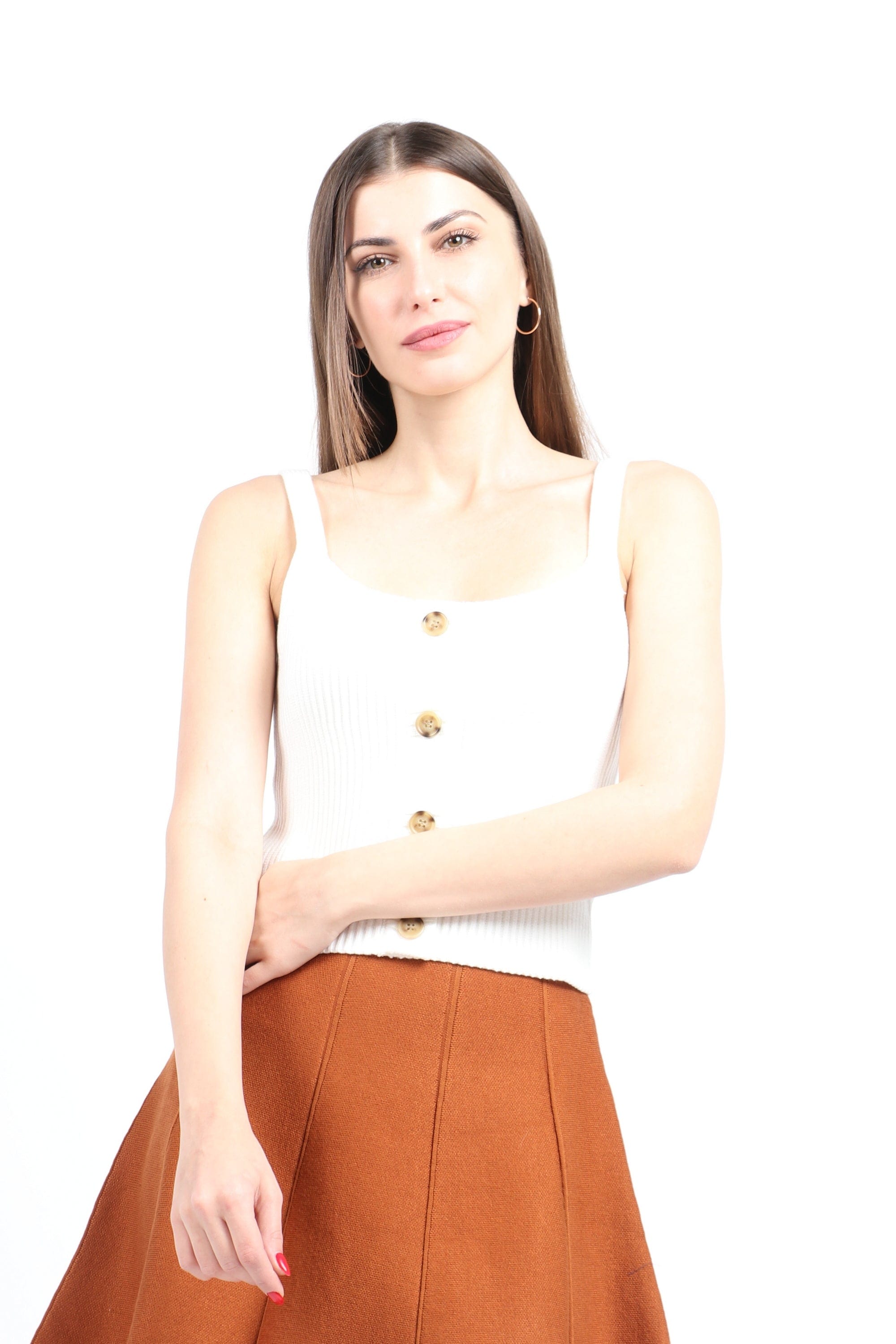 كيتشن بلوزة بدون أكمام مضلع سادة بأزرار أمامية