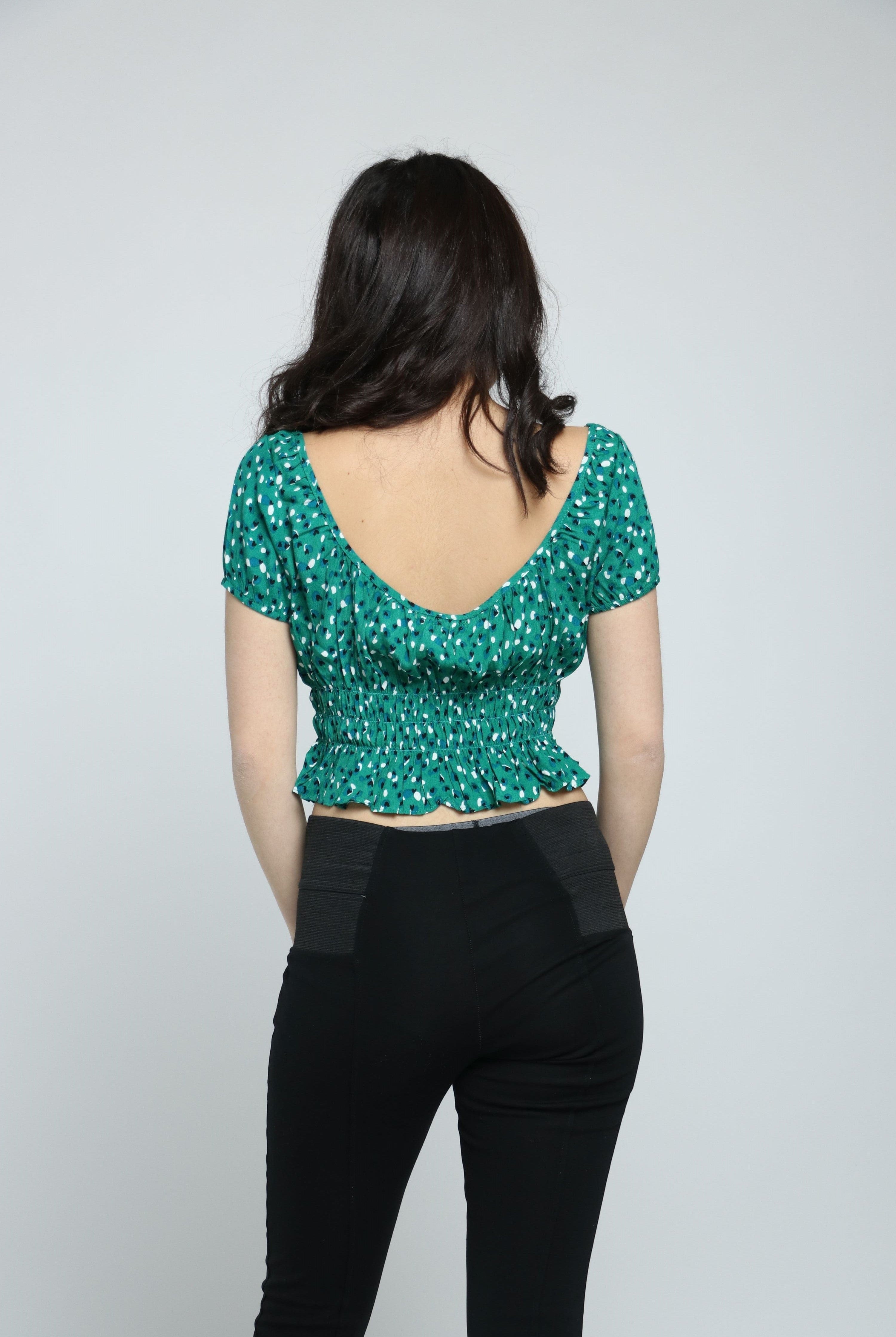 كيتشن بلوزة نص بطن ياقة مربعة مخصرة كم قصير نسائي أخضر