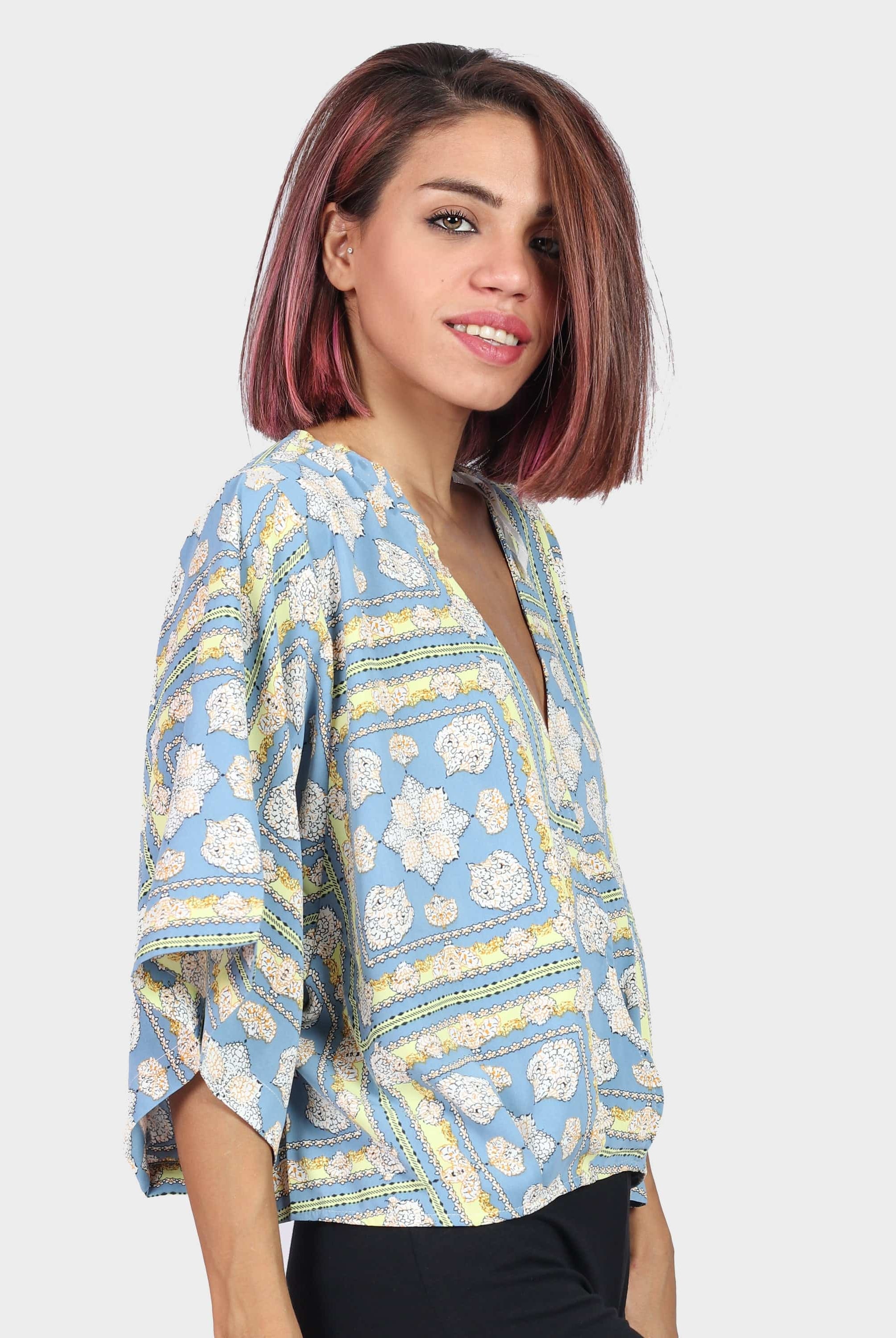 كيتشن بلوزة حرير منقوش أوفر سايز نسائي أزرق