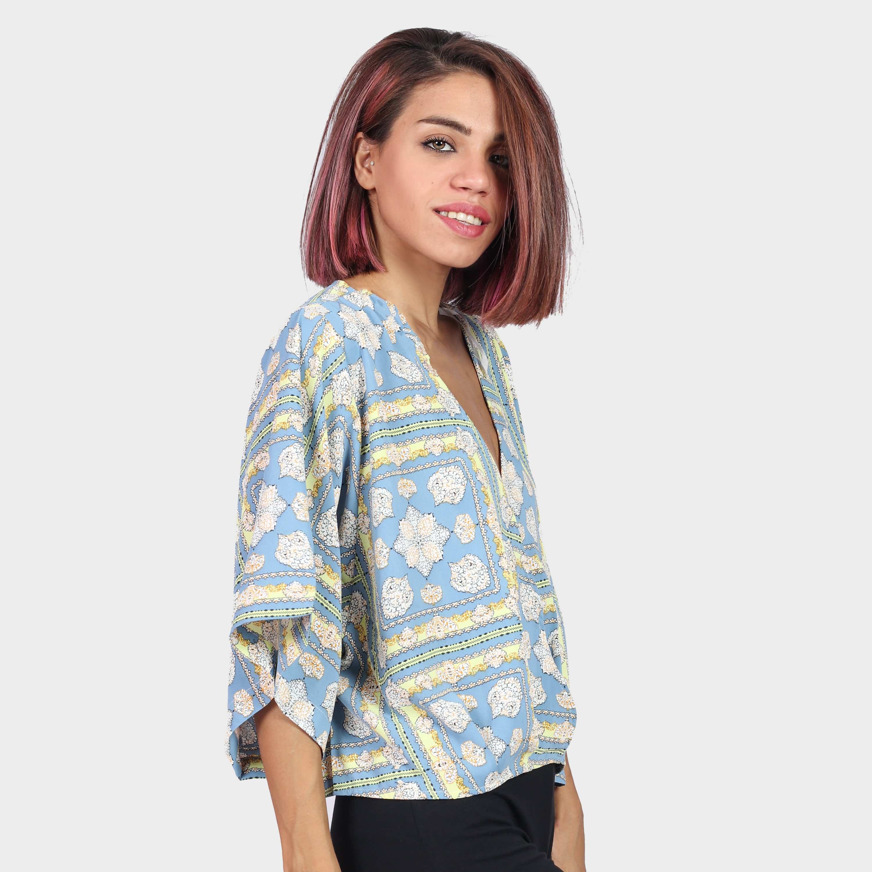 كيتشن بلوزة حرير منقوش أوفر سايز نسائي أزرق