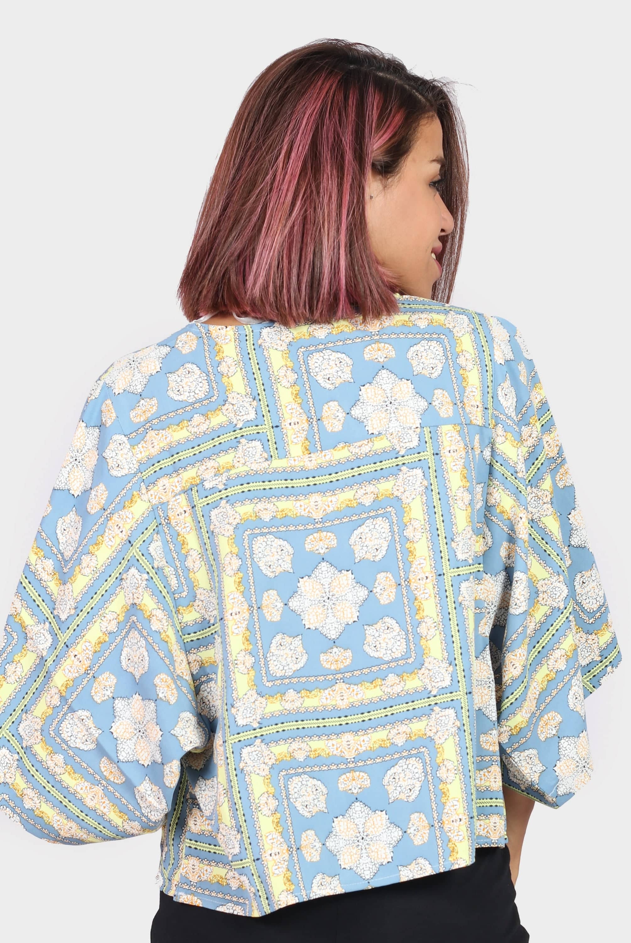 كيتشن بلوزة حرير منقوش أوفر سايز نسائي أزرق