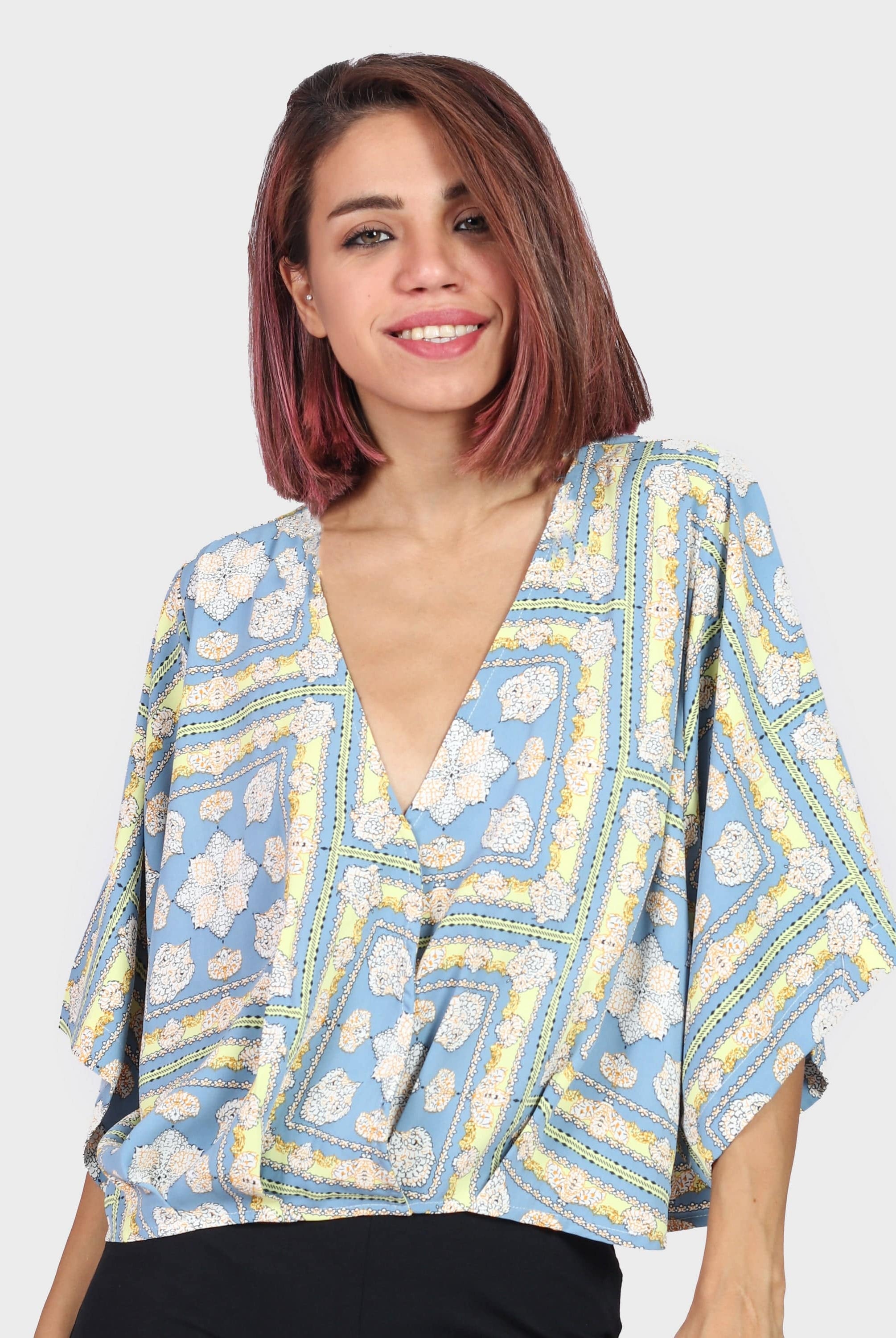 كيتشن بلوزة حرير منقوش أوفر سايز نسائي أزرق