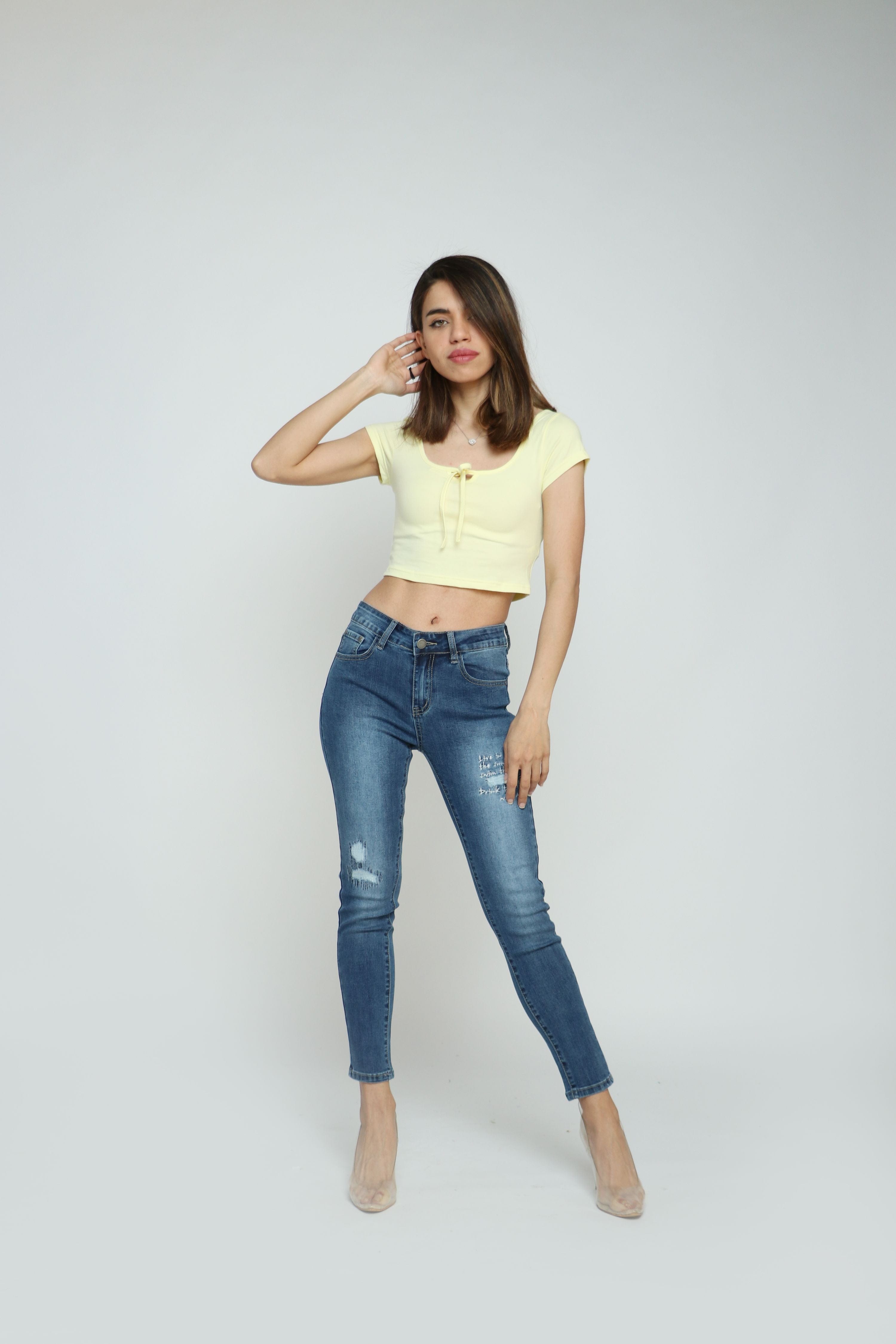 كيتشن بنطلون جينز سكيني مقطع طويل نسائي