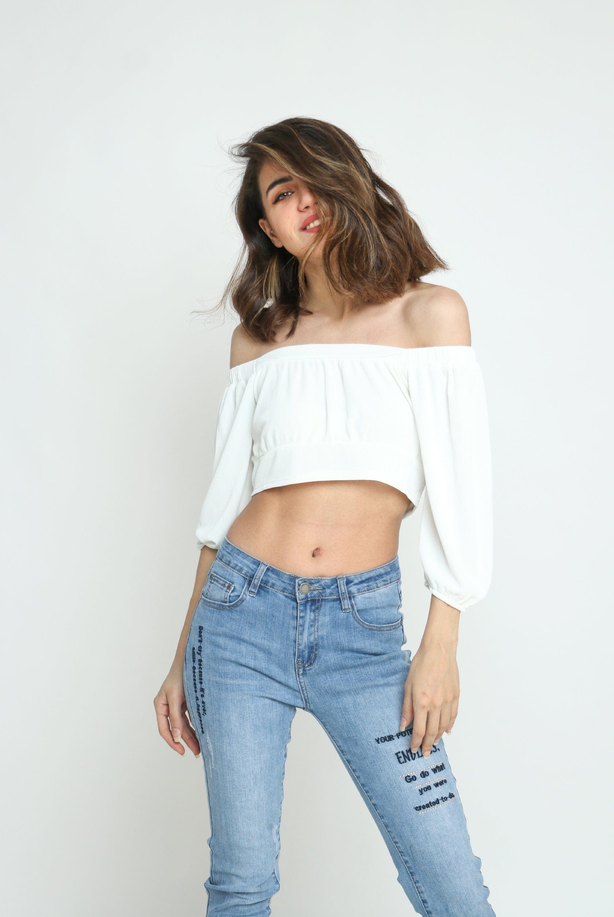 كيتشن بلوزة قصيرة أوف شولدر كم طويل منفوخ نسائي