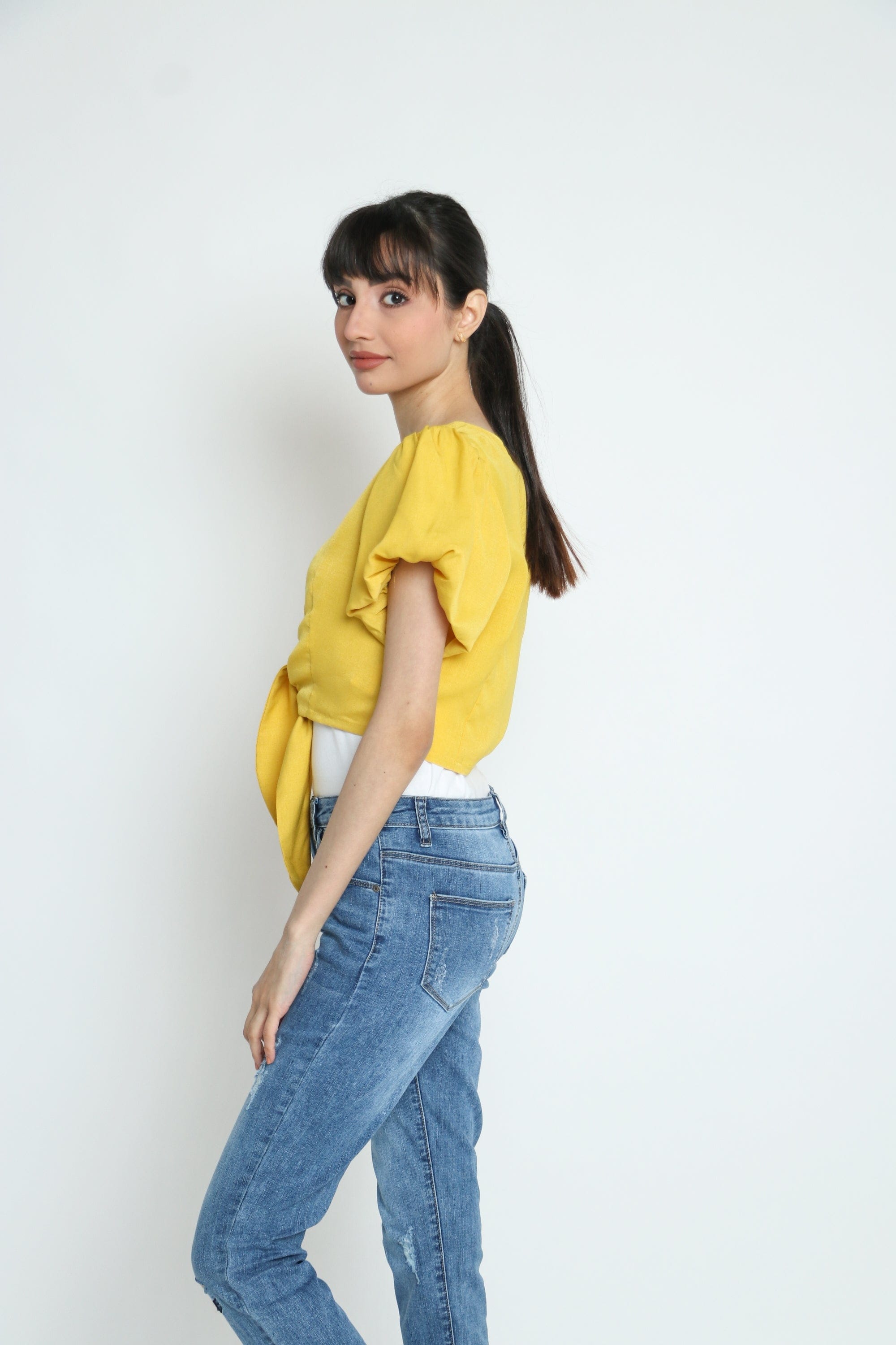 كيتشن بلوزة قصيرة أزرار أمامية سبعة كم قصيرة بف نسائي