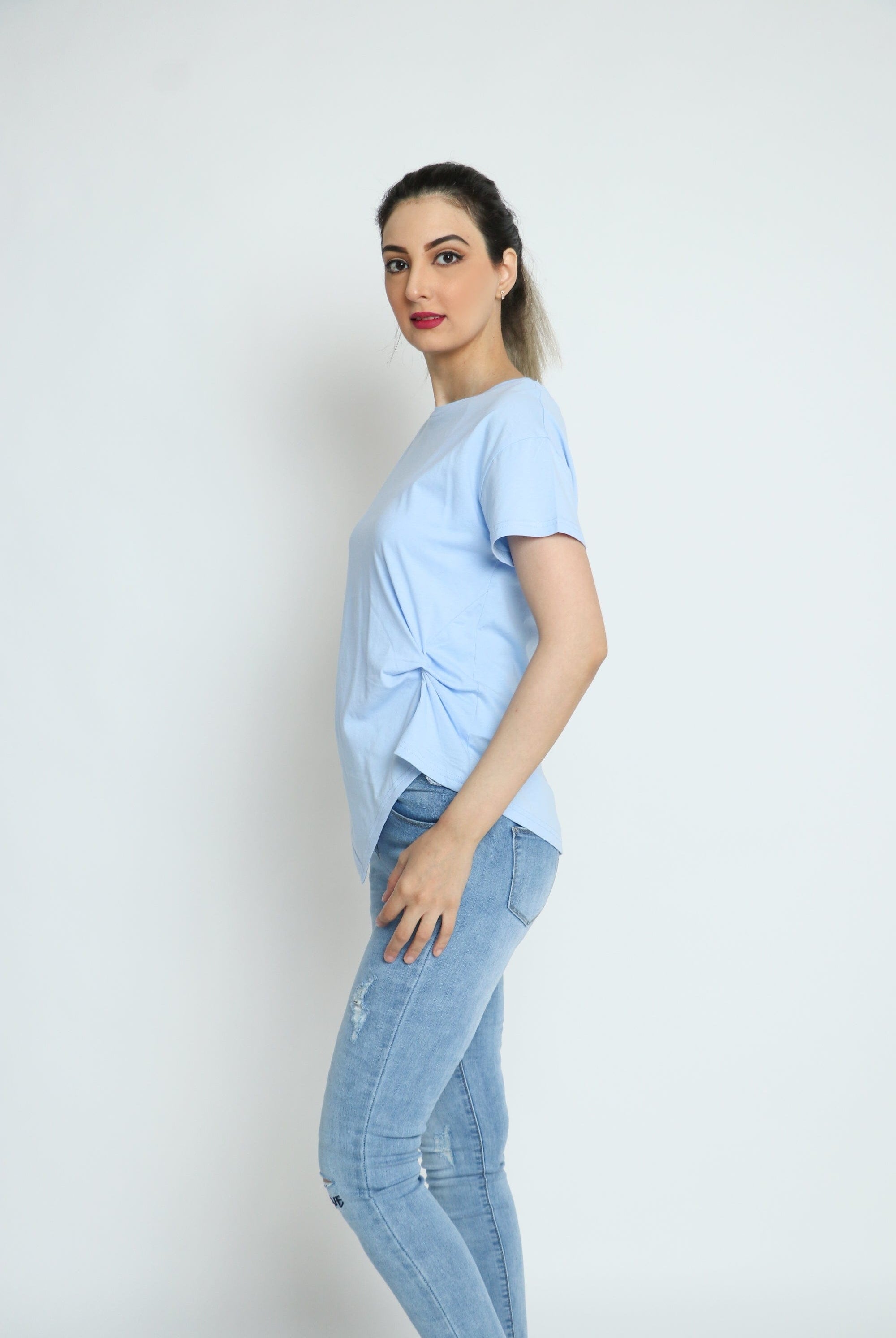 كيتشن بلوزة قطنية طويلة مع جانب قصير كم قصير نسائي