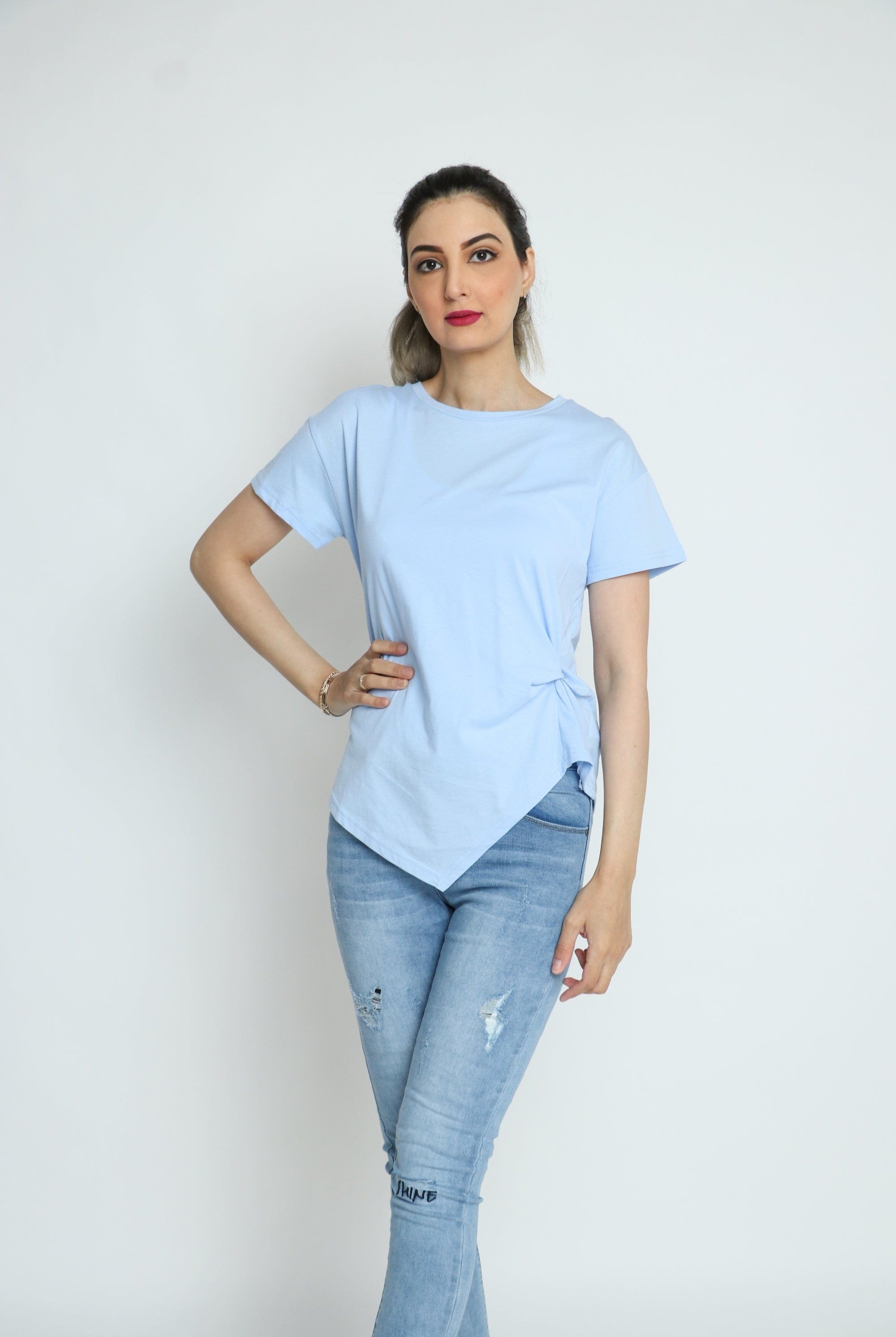 كيتشن بلوزة قطنية طويلة مع جانب قصير كم قصير نسائي