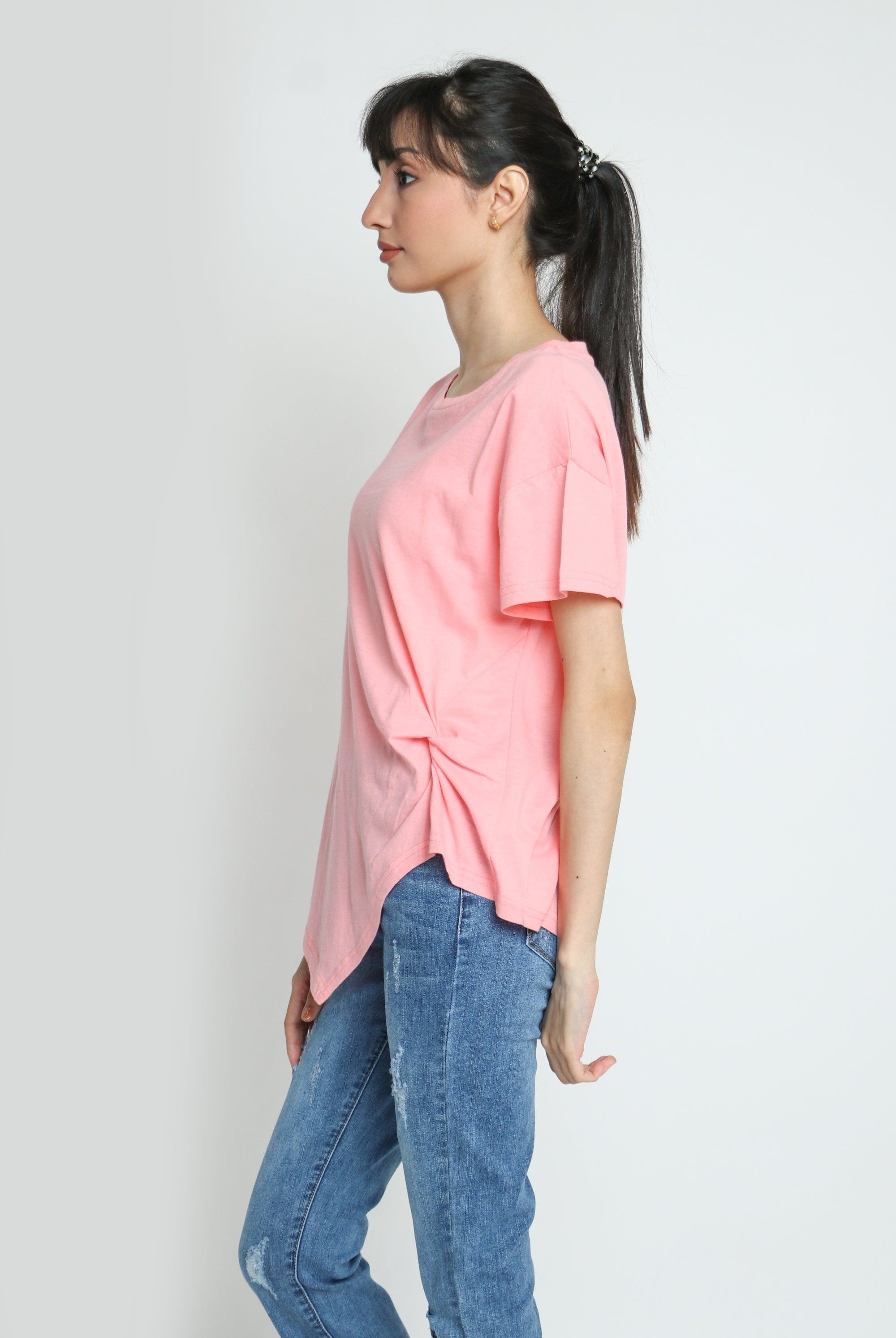 كيتشن بلوزة قطنية طويلة مع جانب قصير كم قصير نسائي