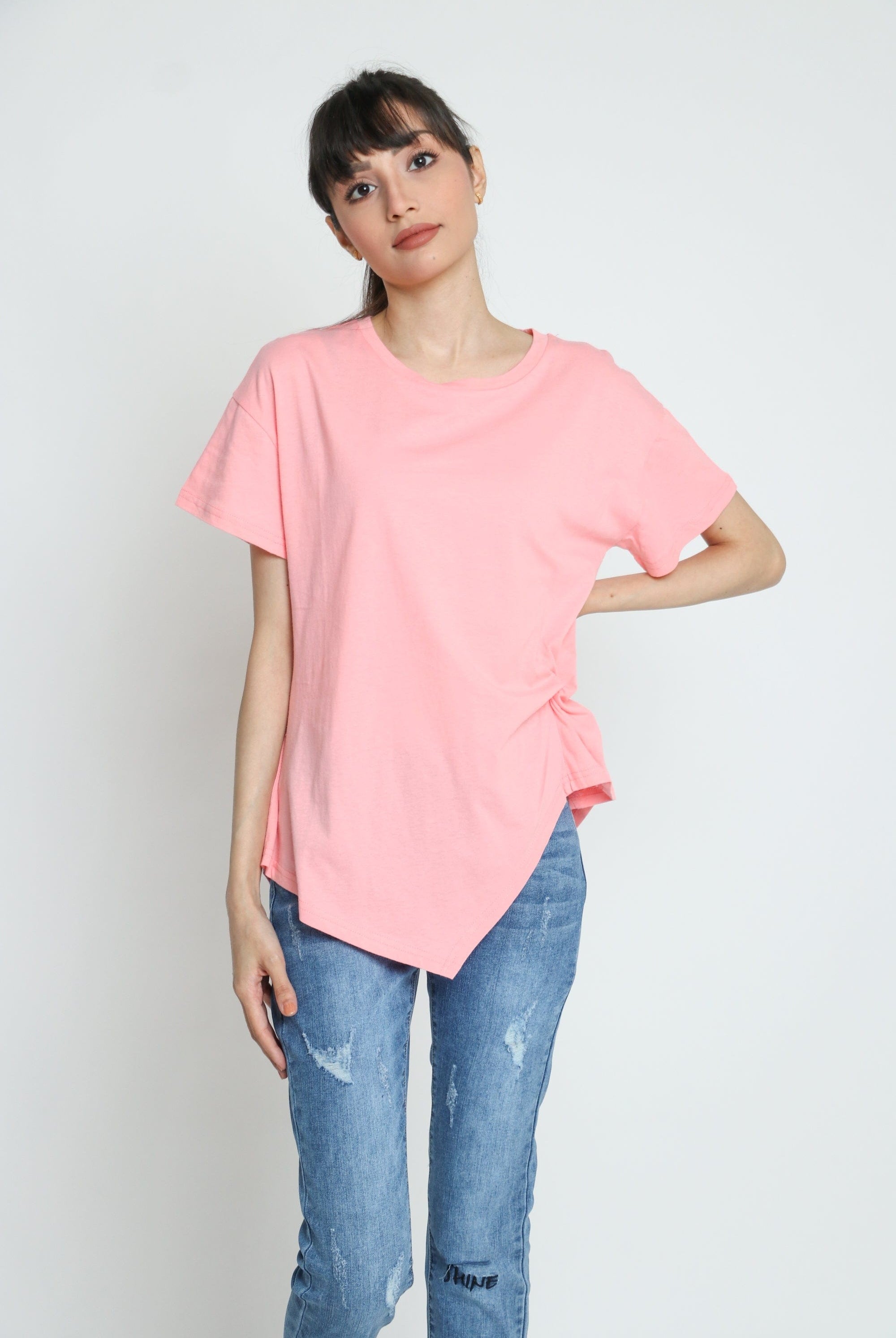 كيتشن بلوزة قطنية طويلة مع جانب قصير كم قصير نسائي