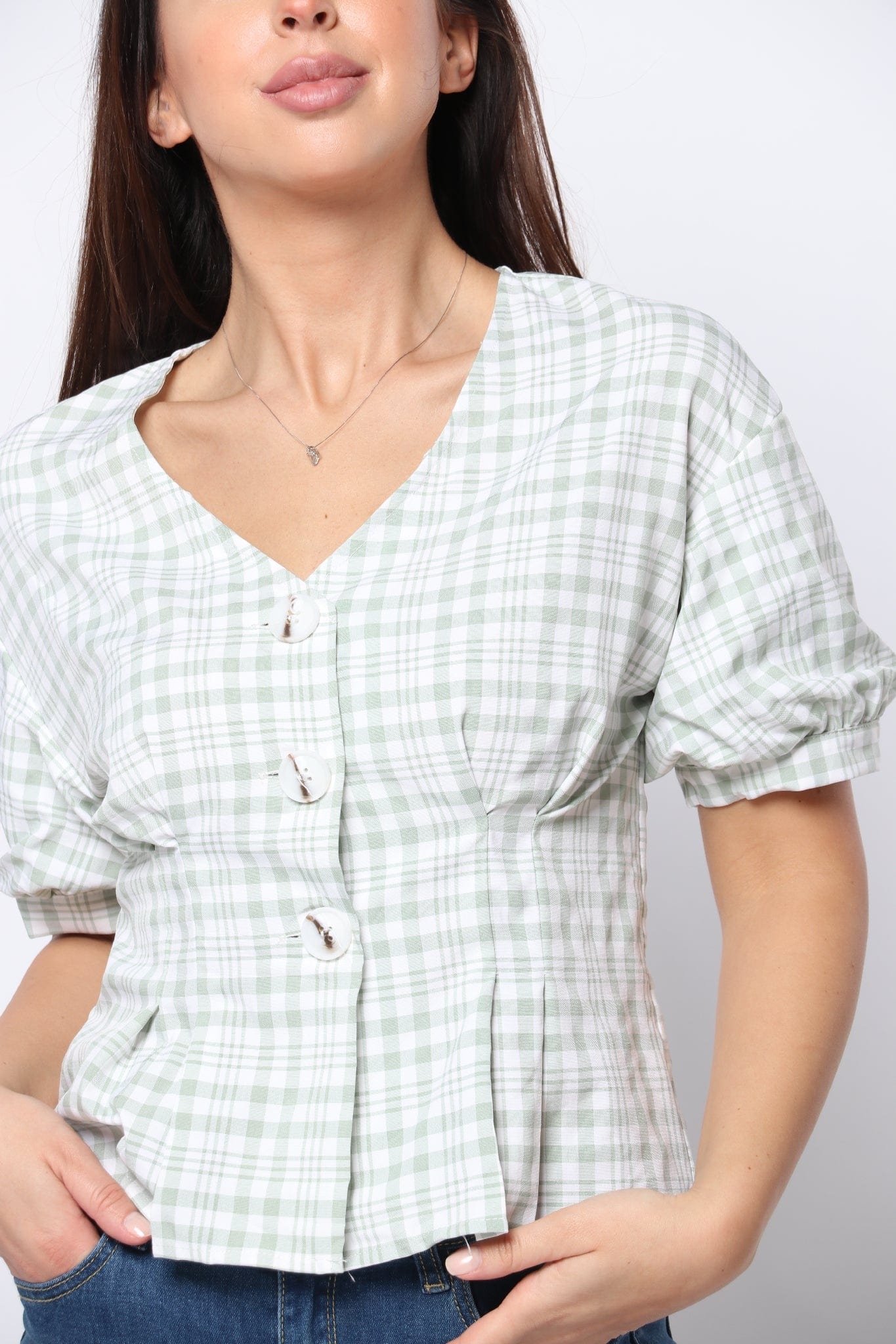 كيتشن بلوزة قصيرة الأكمام مربعات مخصرة