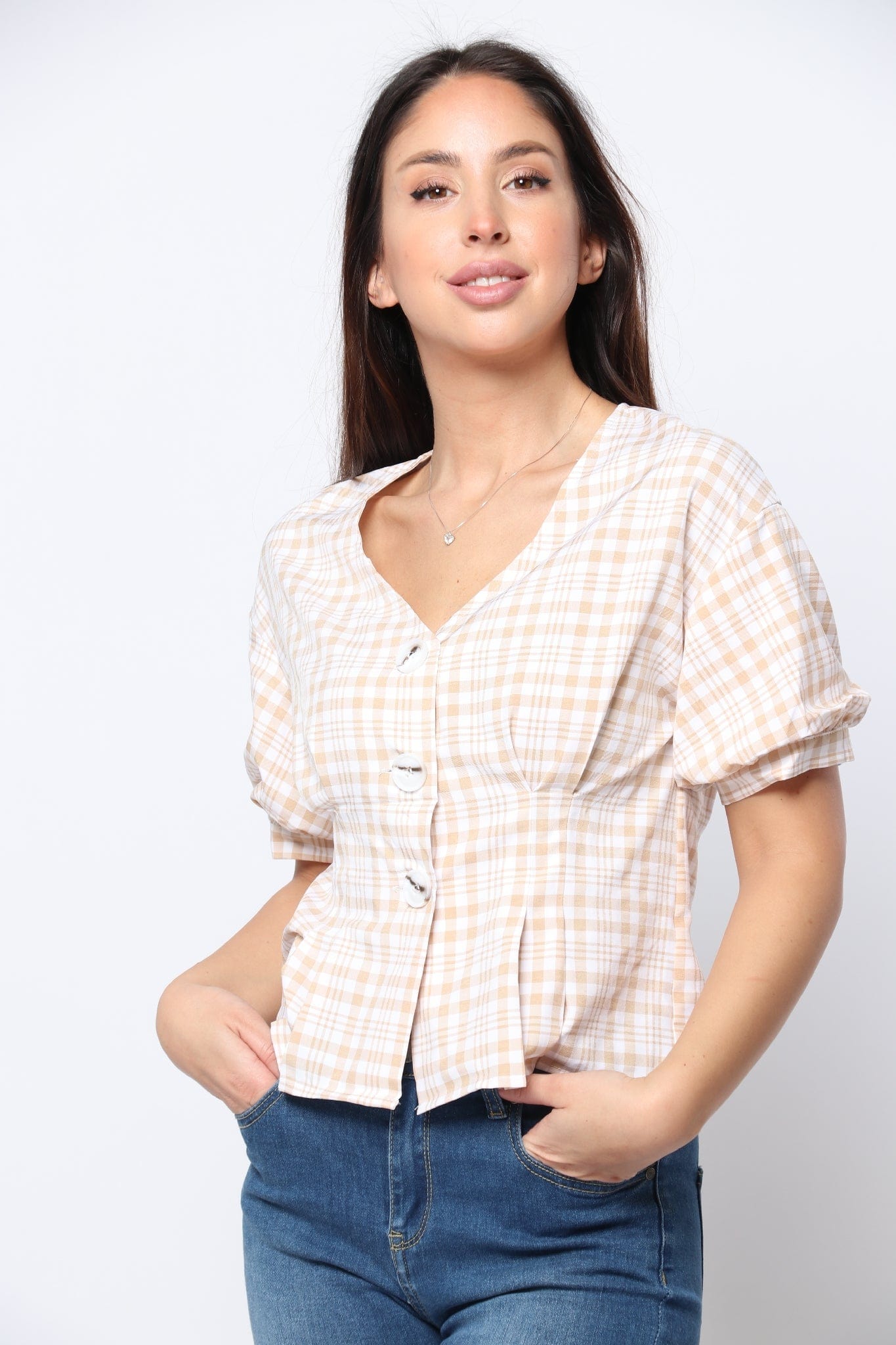 كيتشن بلوزة قصيرة الأكمام مربعات مخصرة