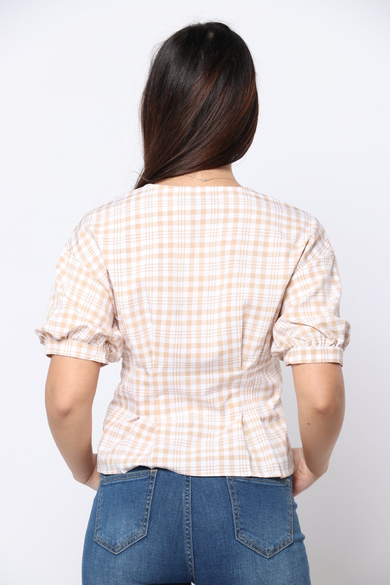 كيتشن بلوزة قصيرة الأكمام مربعات مخصرة