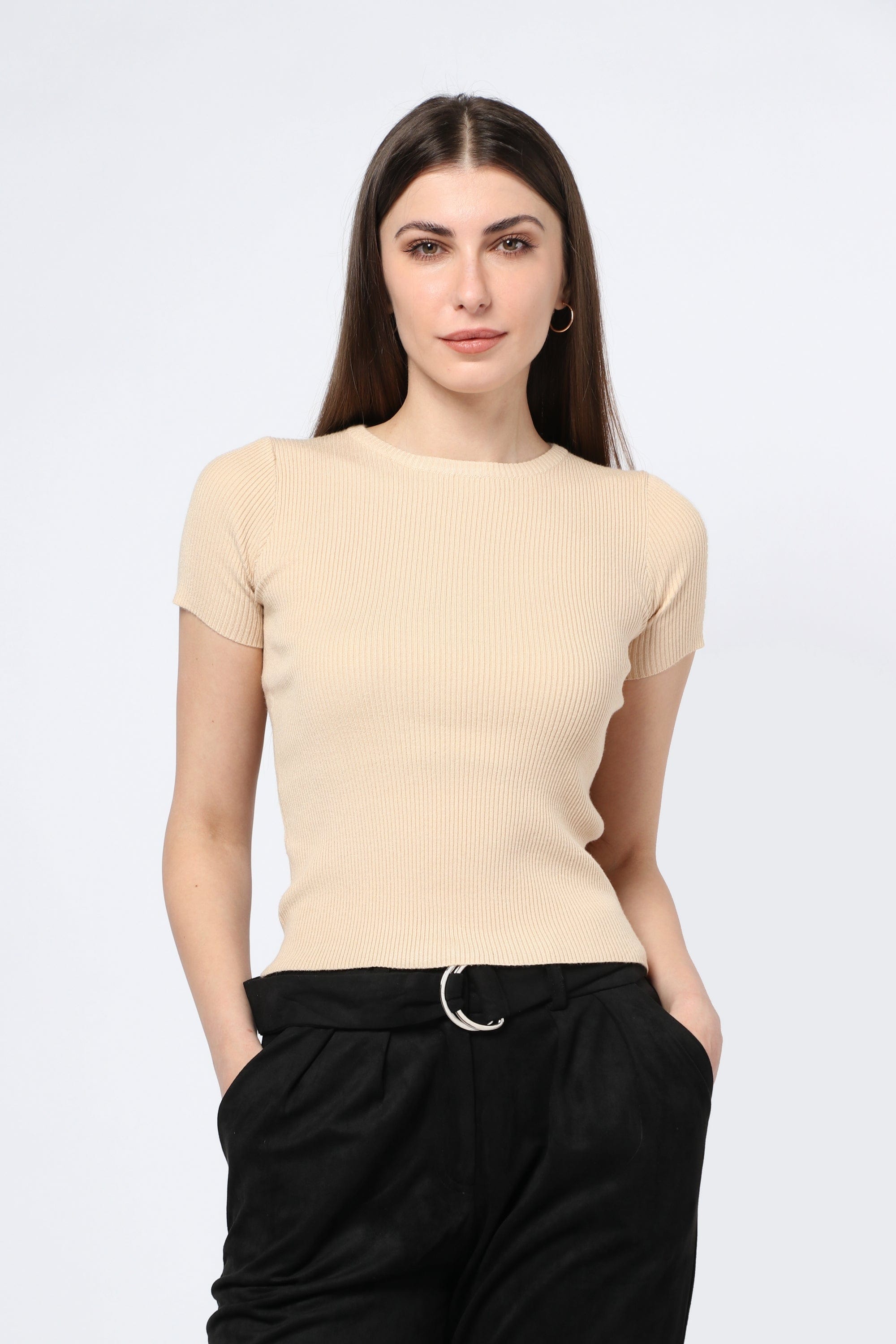 كيتشن بلوزة نايلون كم قصير ورقبة دائرية نسائي