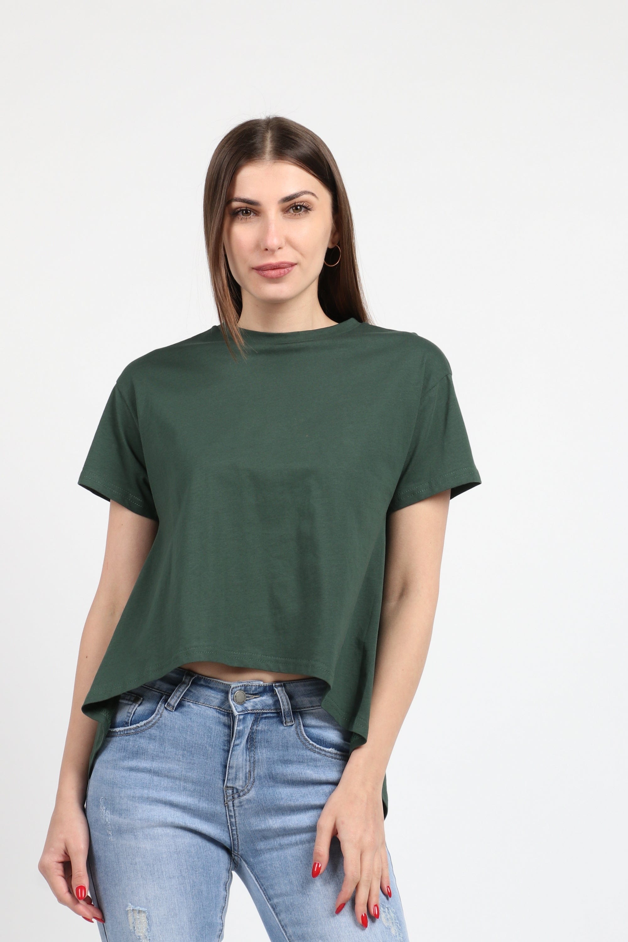 كيتشن بلوزة سادة قصيرة من الأمام طويل من الخلف كم قصير نسائي