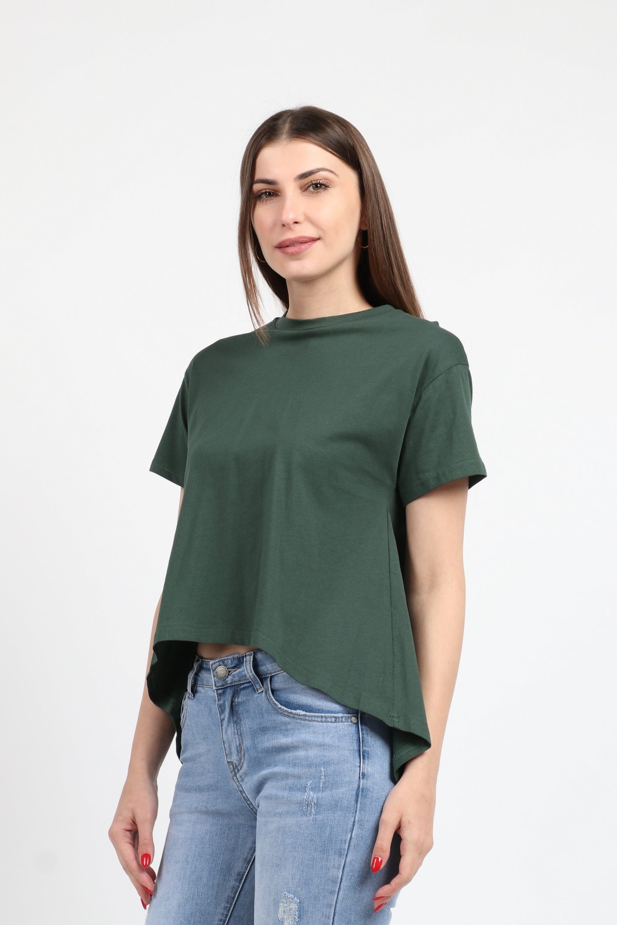 كيتشن بلوزة سادة قصيرة من الأمام طويل من الخلف كم قصير نسائي