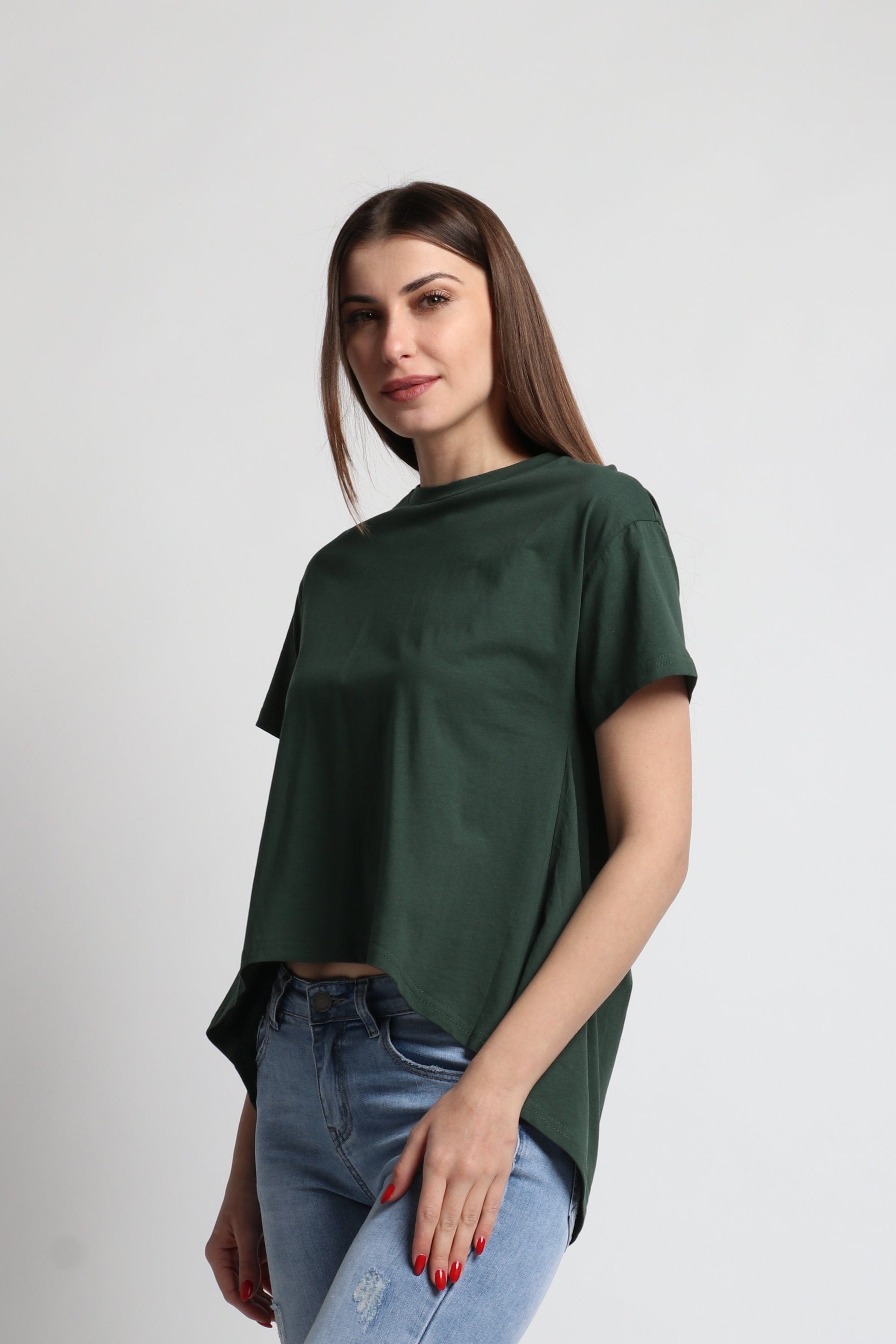 كيتشن بلوزة سادة قصيرة من الأمام طويل من الخلف كم قصير نسائي