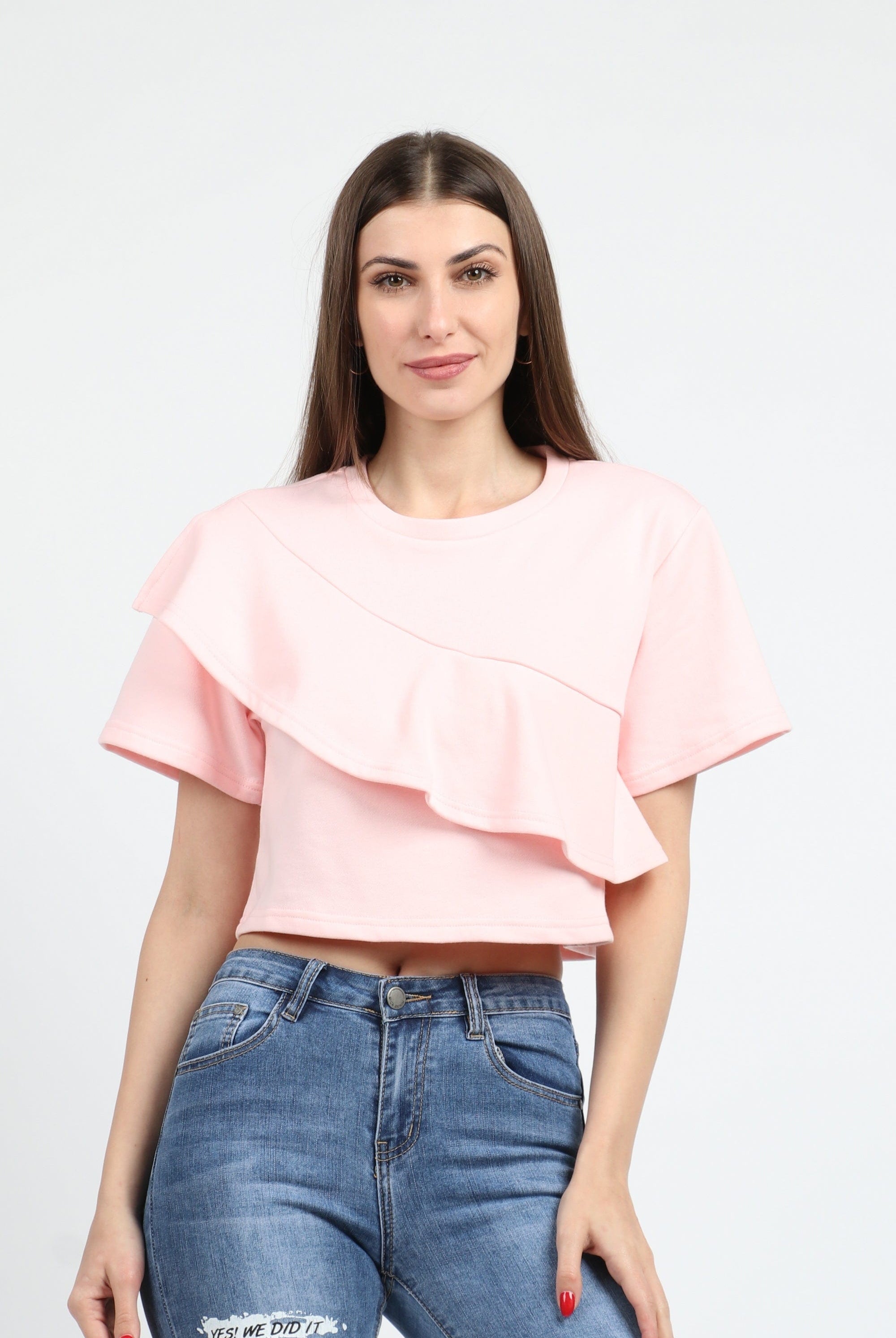 كيتشن بلوزة نص بطن كم قصير مع كشكشة نسائي