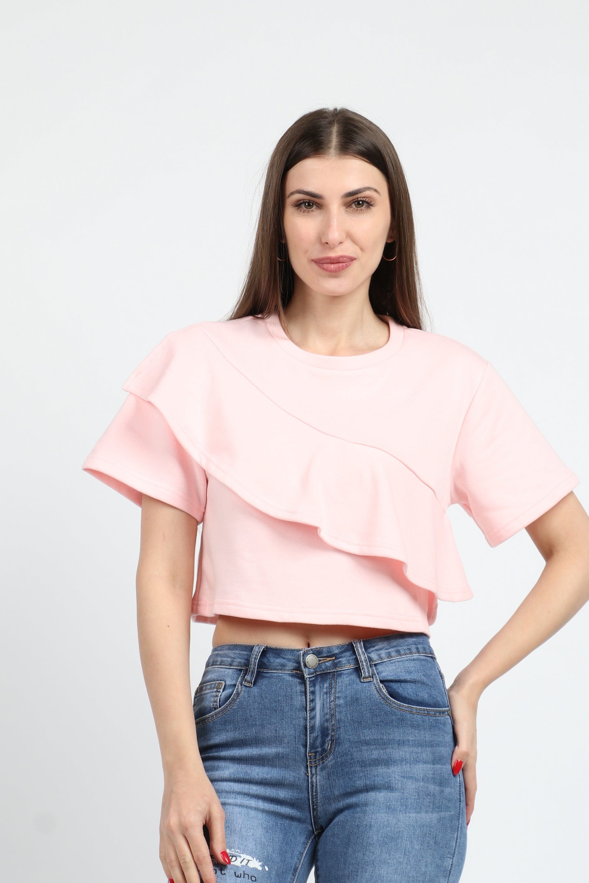 كيتشن بلوزة نص بطن كم قصير مع كشكشة نسائي