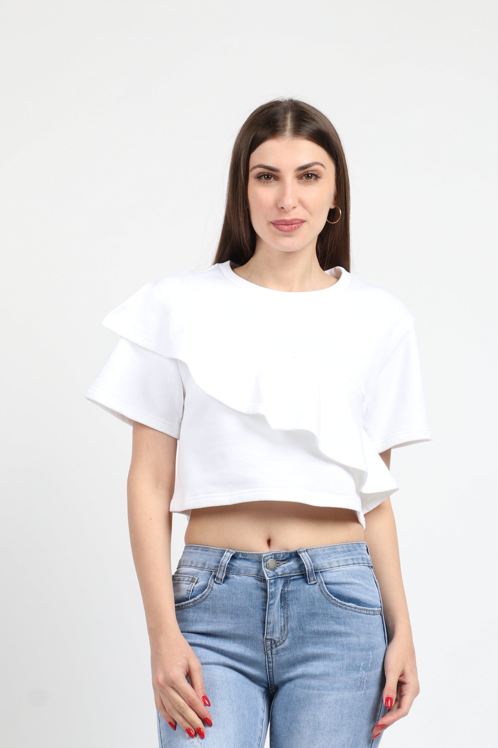 كيتشن بلوزة نص بطن كم قصير مع كشكشة نسائي