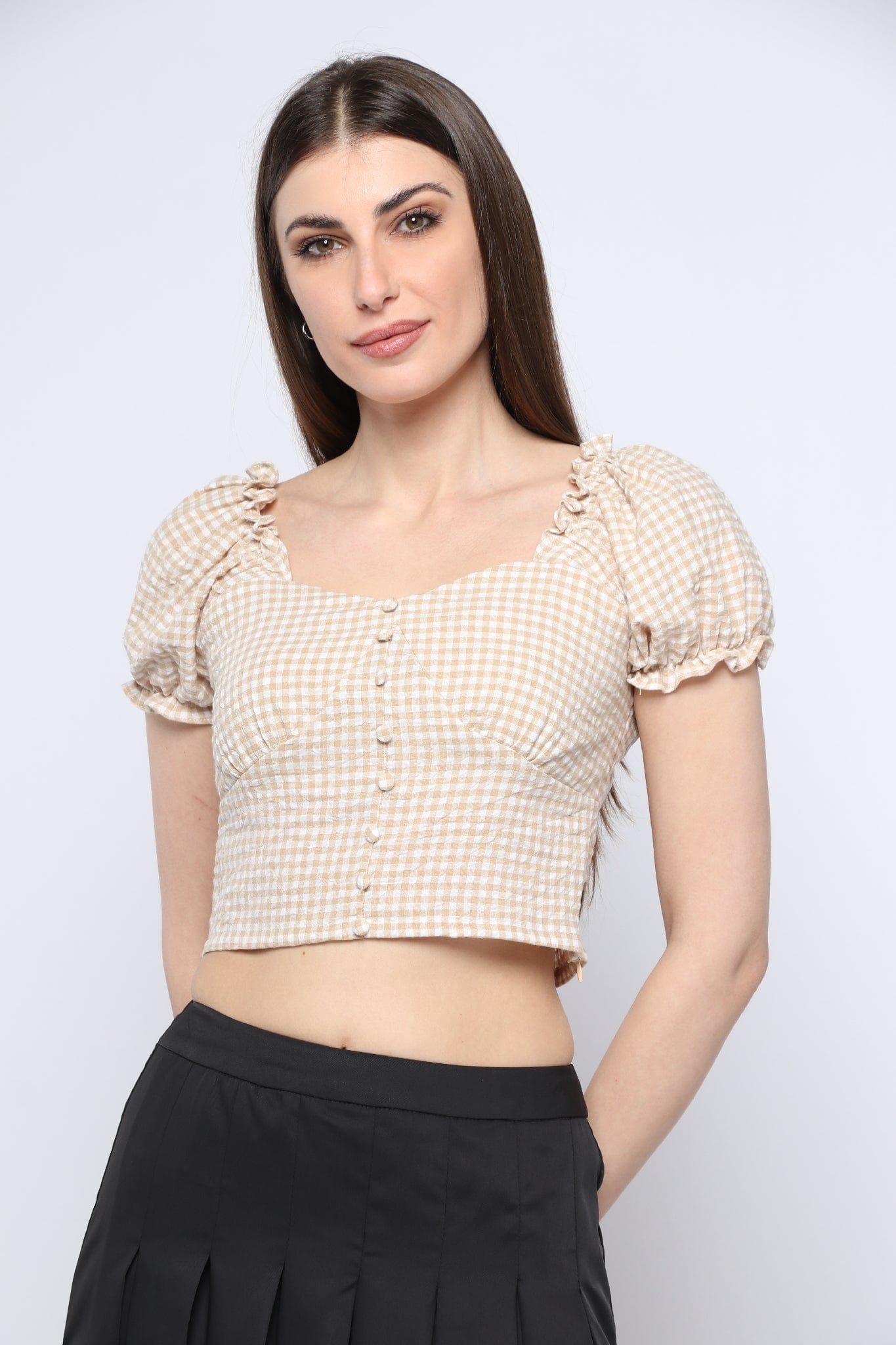 كيتشن بلوزة بأكمام قصيرة نص بطن بنمط مربع