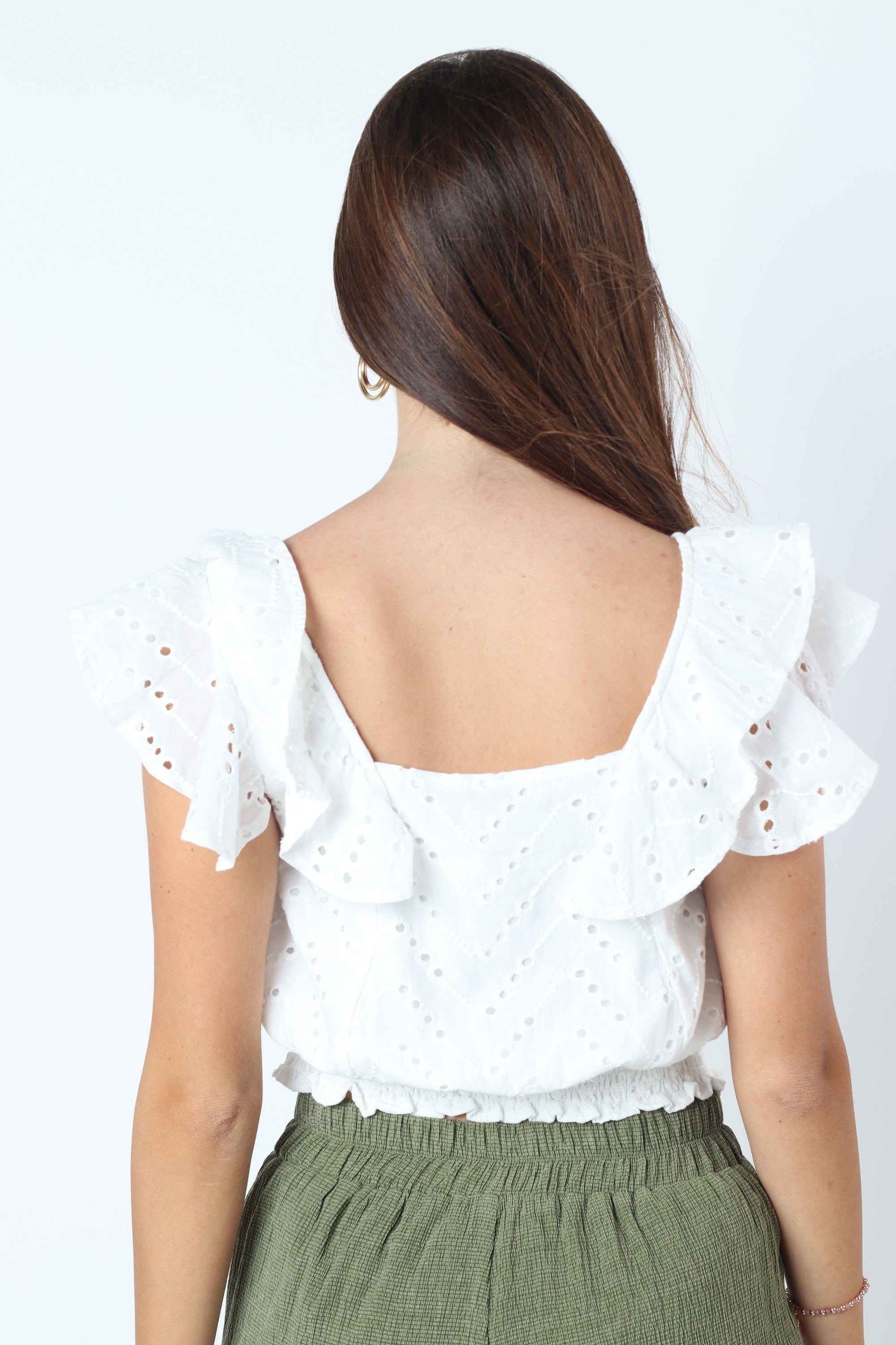 كيتشن بلوزة قصيرة الأكمام سادة مخرمة أبيض