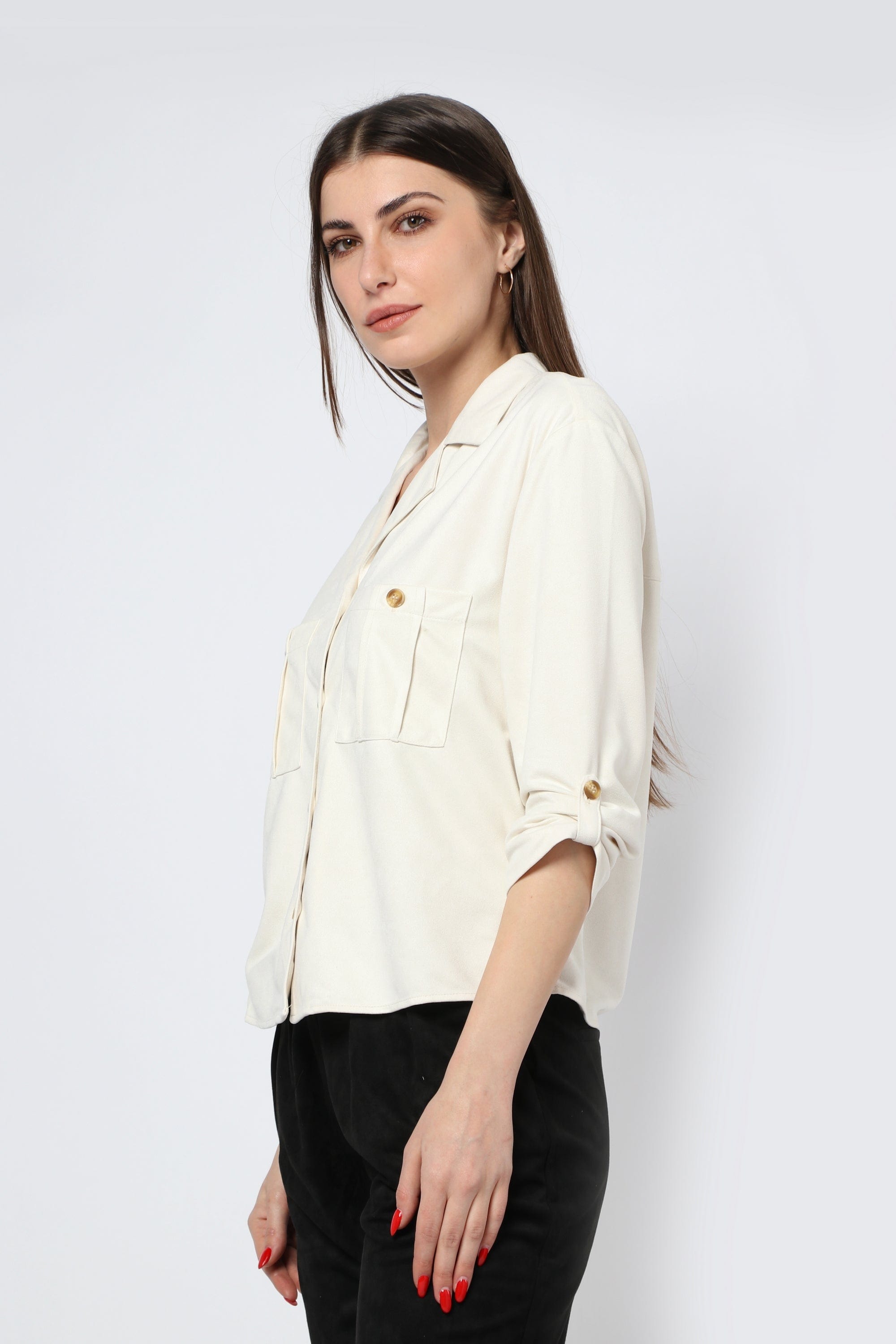 كيتشن بلوزة شمواه بأزرار أمامية وجيوب وياقة 3/4 كم نسائي