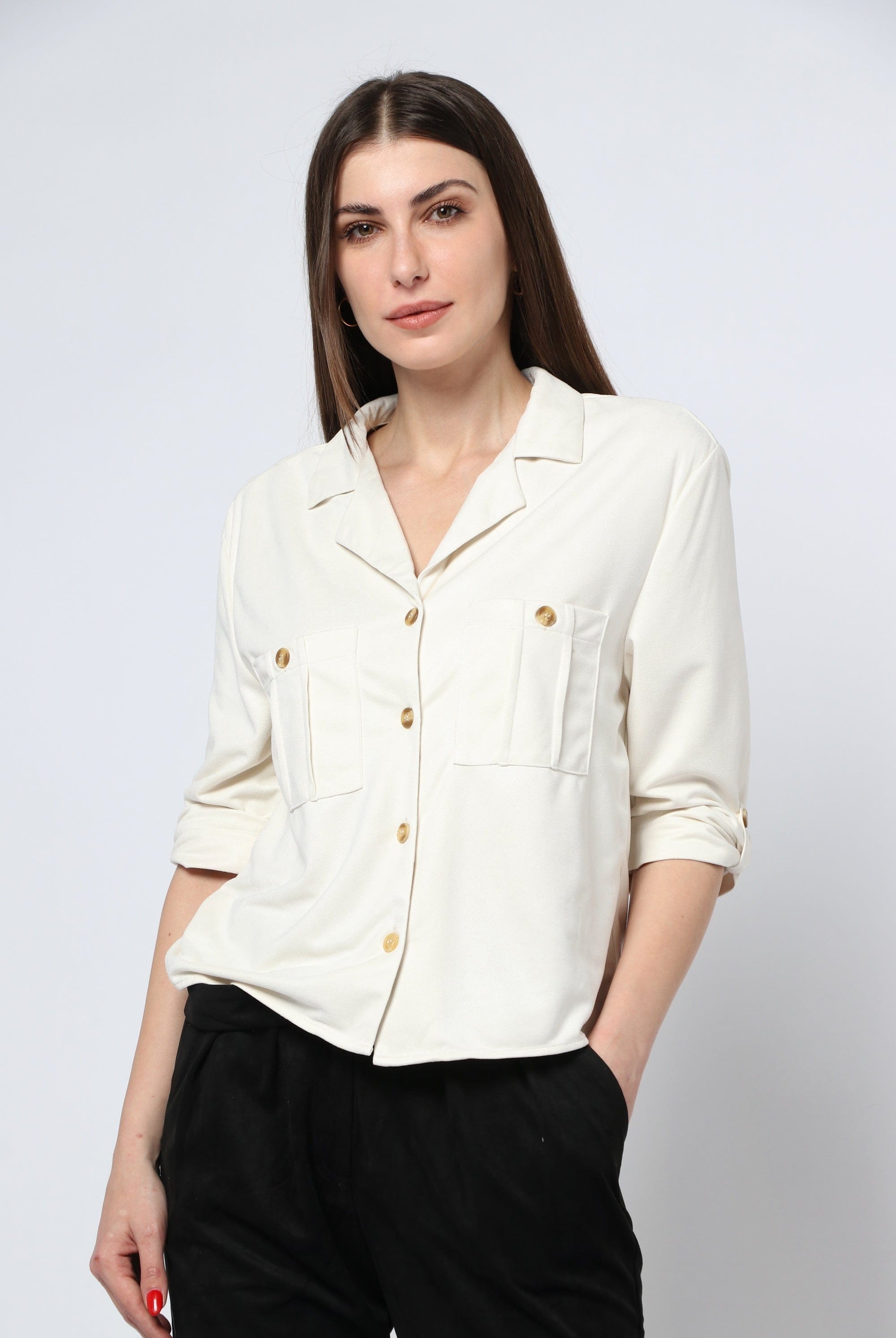 كيتشن بلوزة شمواه بأزرار أمامية وجيوب وياقة 3/4 كم نسائي