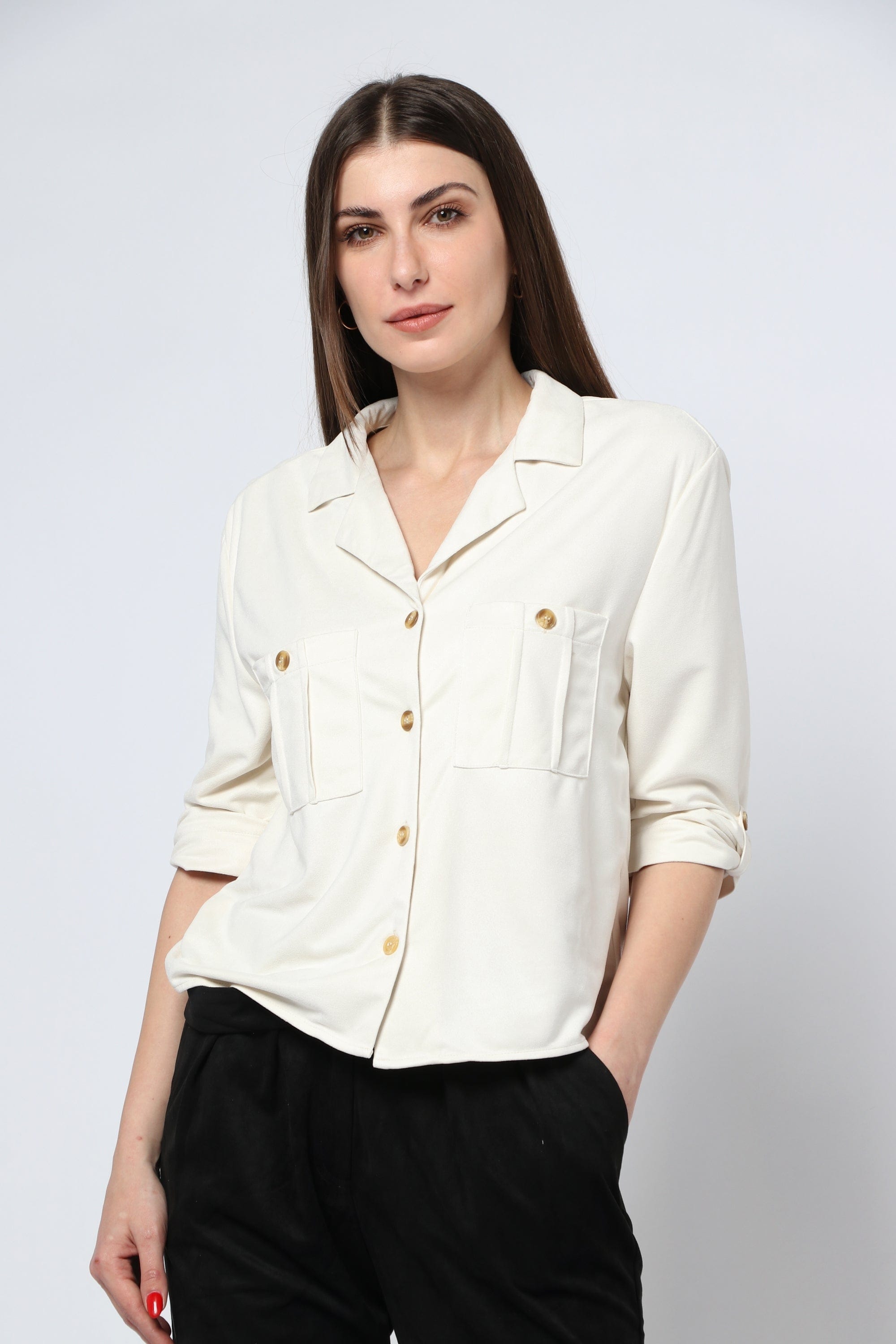 كيتشن بلوزة شمواه بأزرار أمامية وجيوب وياقة 3/4 كم نسائي