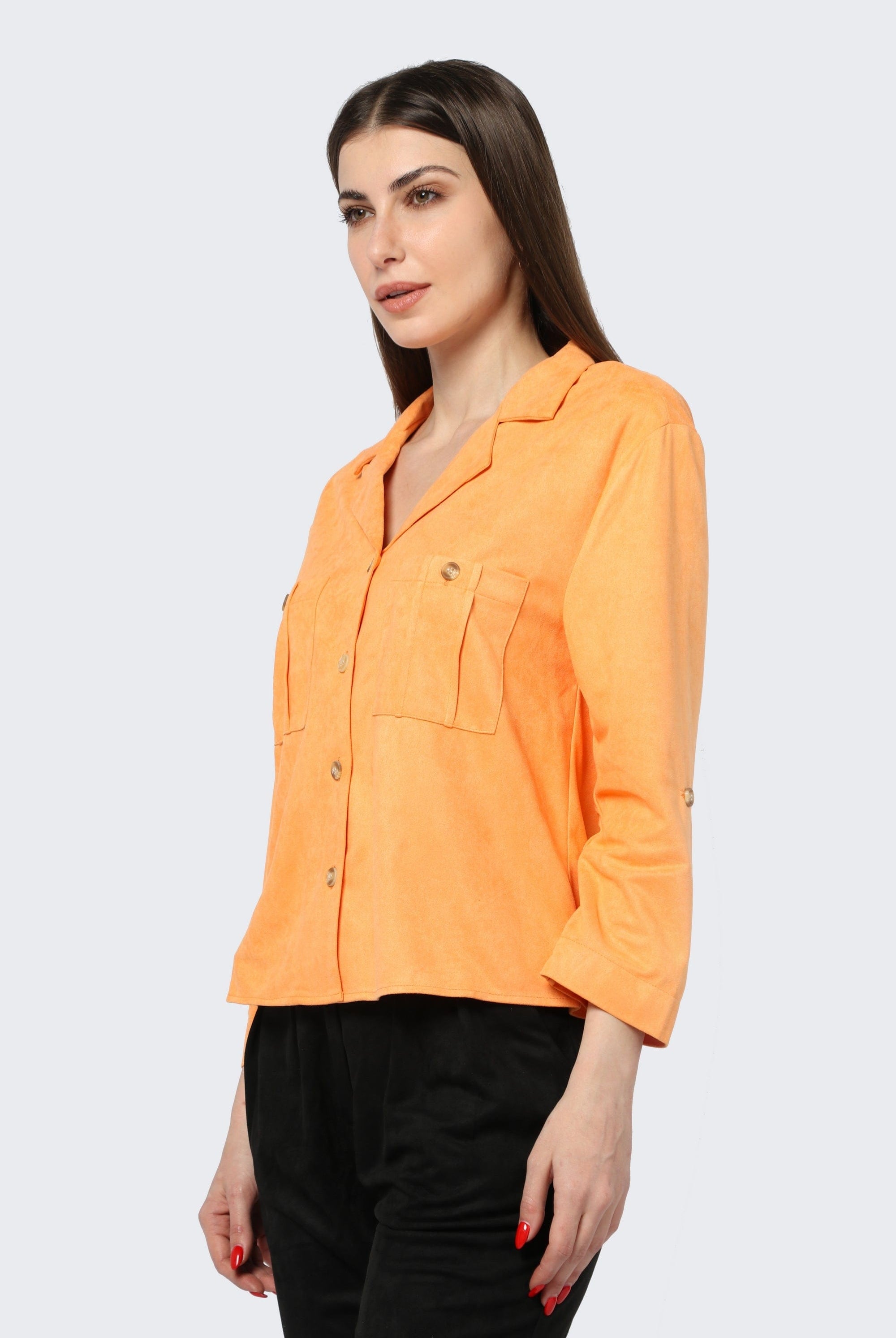 كيتشن بلوزة شمواه بأزرار أمامية وجيوب وياقة 3/4 كم نسائي