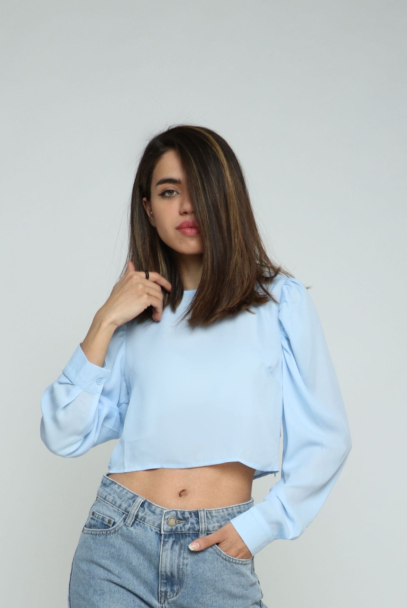 كيتشن بلوزة شيفون نص بطن بكم طويل نسائي